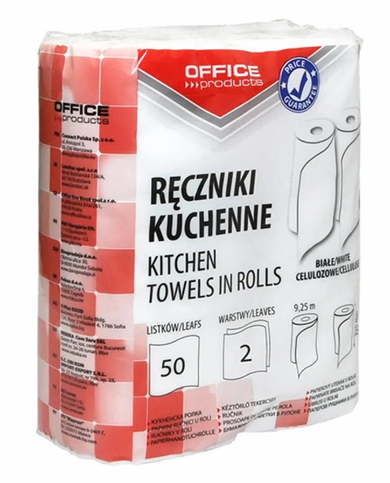 OFFICE PRODUCTS ścierki kuchenne z celulozy/do kuchni/do domu/do łazienki/sprzątania/biura / 2-warstwowe / 50 arkuszy / 9,25 m / 2 szt. / białe