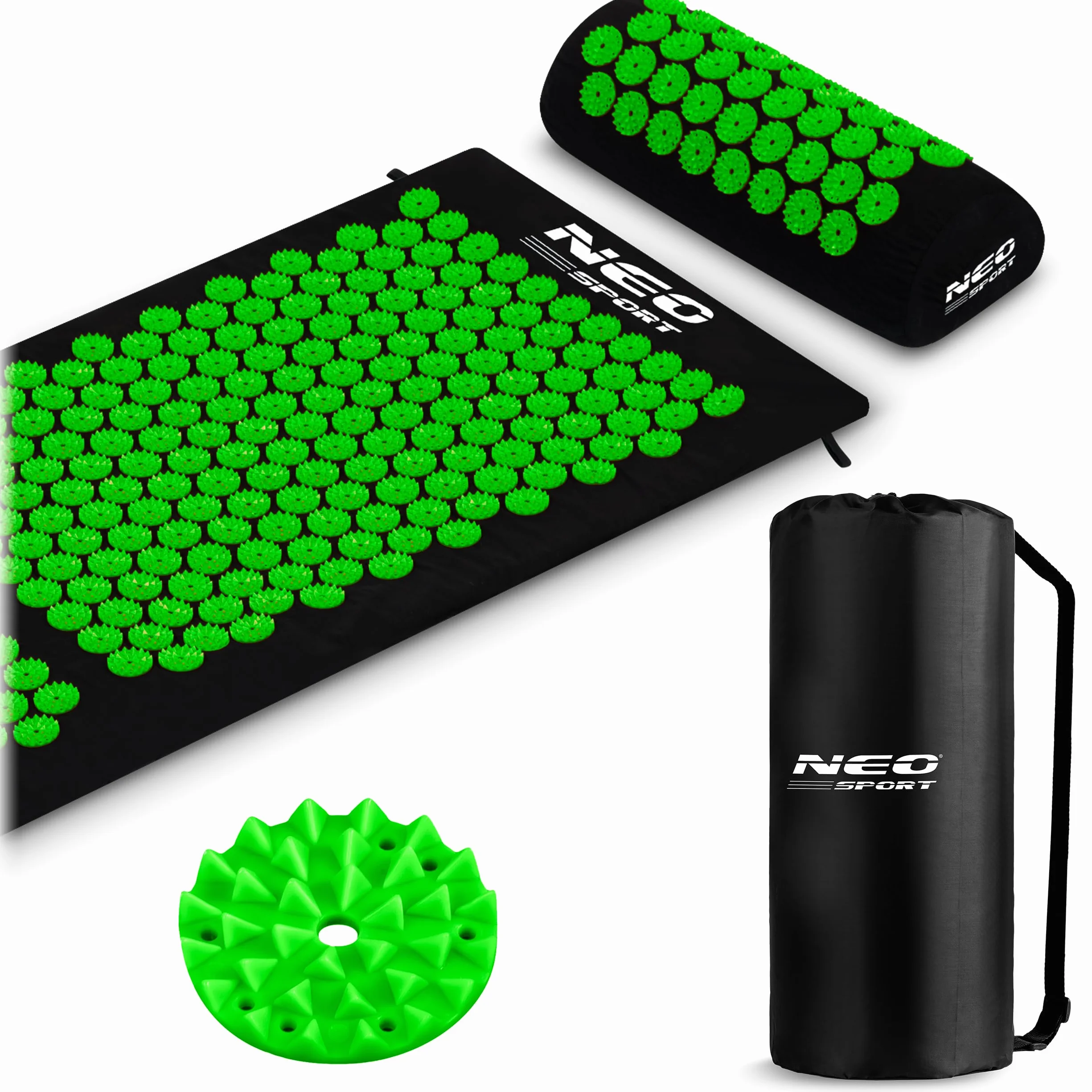 Neo-Sport - Mata do akupresury z poduszką i torbą do przenoszenia - zestaw - 125 x 46 cm - zdejmowana poszewka z bawełny - mata kolczasta do masażu całego ciała, akupunktura - czarna i zielona