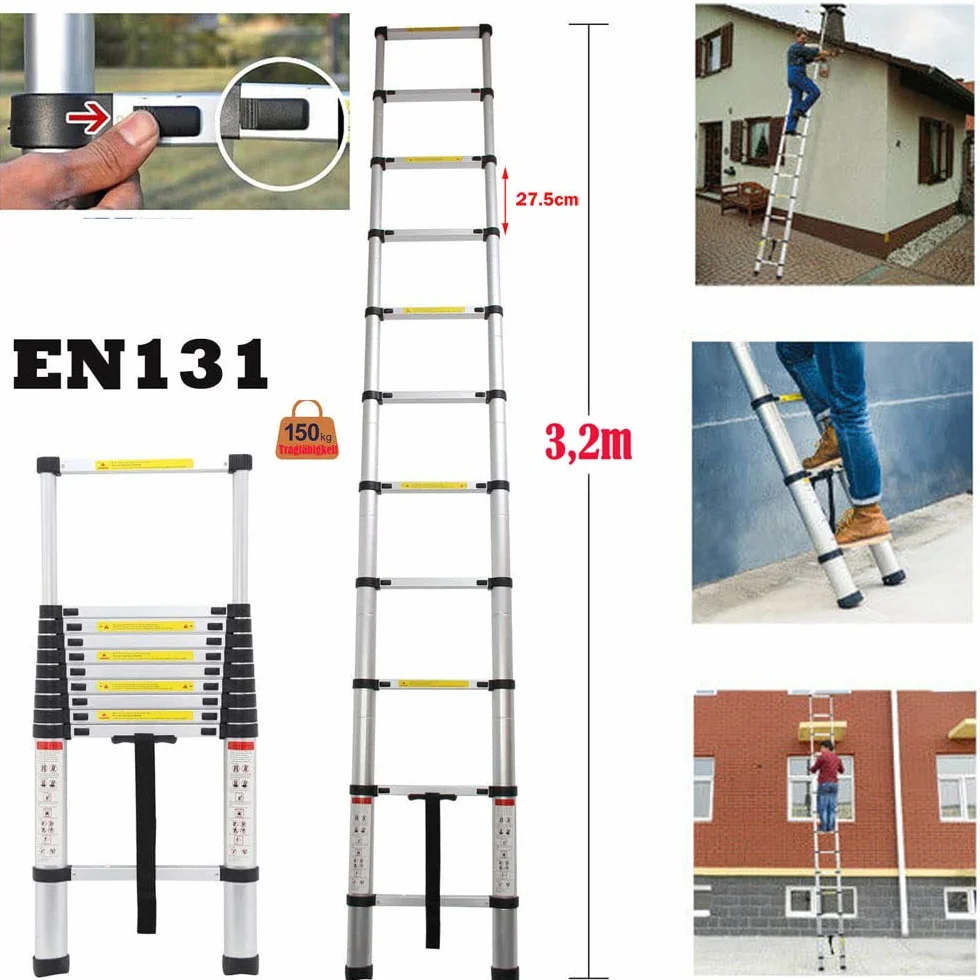 Drabina teleskopowa loft składana drabina mocująca 3,2 m/10,5 ft 3,2 m EN131 drabiny aluminiowe składane, przenośne, wysuwane, 11 stopni, drabina przedłużająca się DIY wielofunkcyjna