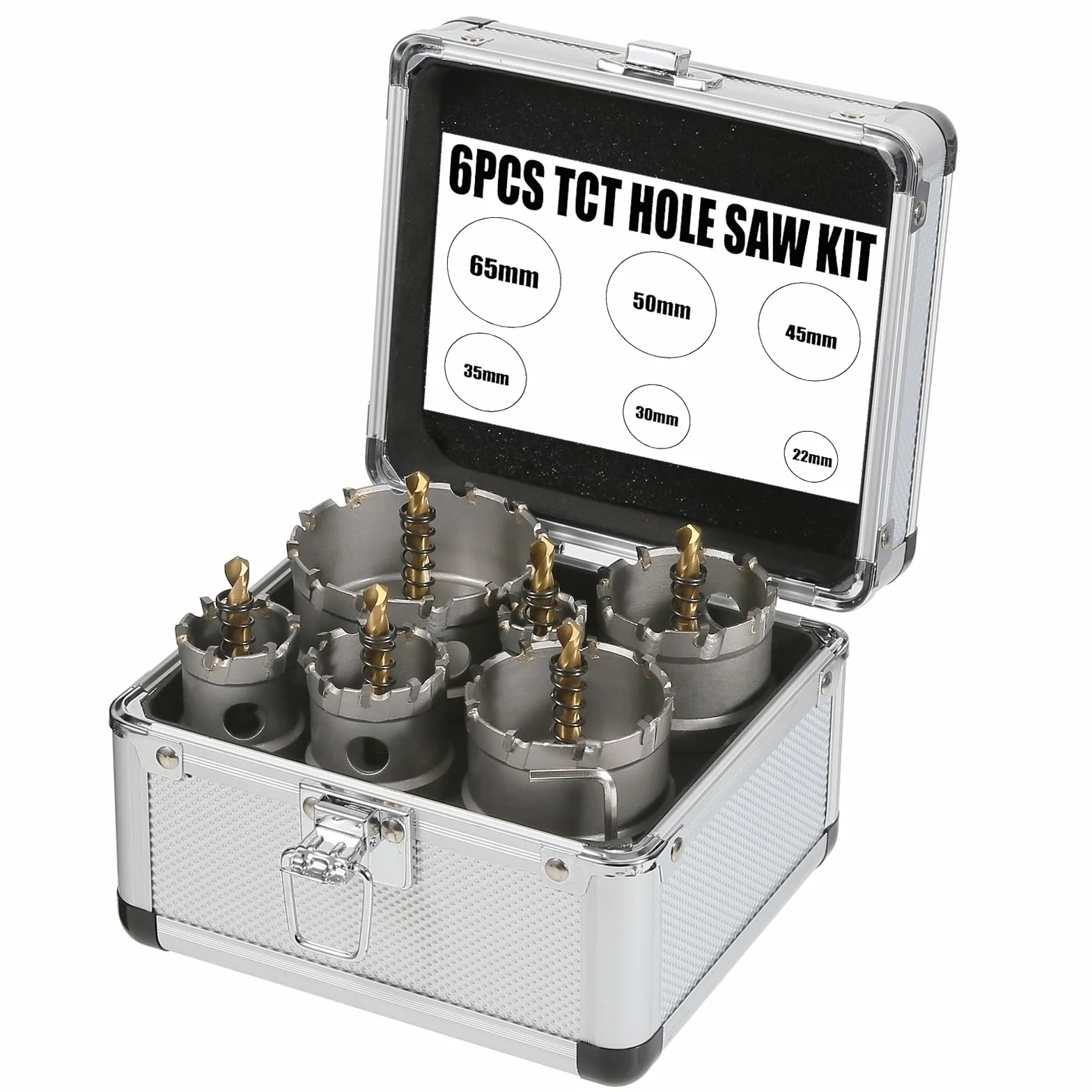 Zestaw 6 sztuk / Satz TCT Lochsägen, 22-65 mm Hartmetall Lochsägen, Elektrowerkzeug Bohrer for Edelstahl, Hartmetall, Eisen, Baustahl, Aluminium, Legierung, Kunststoff und Glasfaser