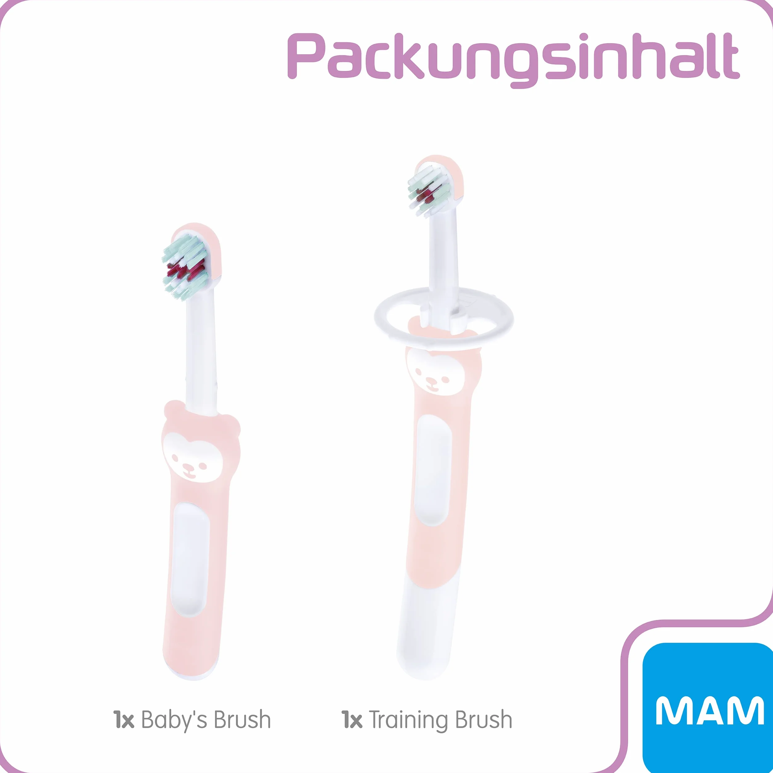 MAM Learn to Brush Set, szczoteczka do zębów dla niemowląt z długim uchwytem do wspólnego trzymania, szczoteczka do zębów dla dzieci trenuje mycie zębów, od 5+ miesięcy, różowa