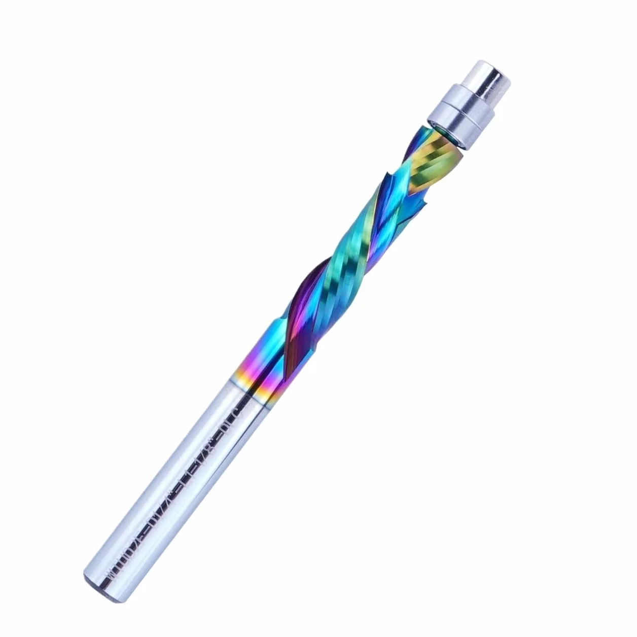 1 szt. frezy z węglika spiekanego powłoką DLC, prowadzone łożyskiem, 2 ostrza, spiralne frezowanie na równo powierzchnią, trzpień 8 mm, frez trzpieniowy do obróbki drewna(WTUD2F-D8.0-L45-DLC)