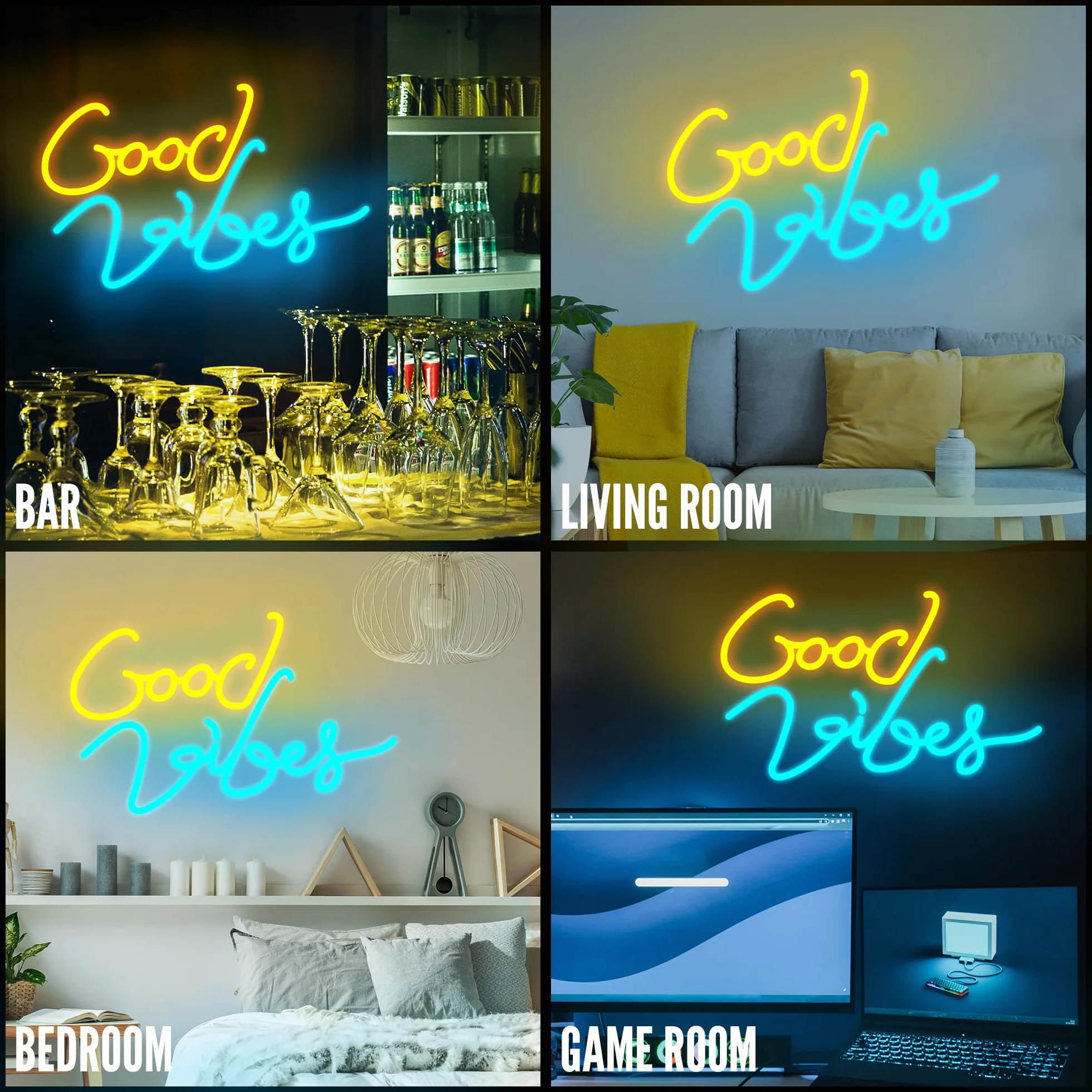 Eufrozy Neonowy znak świetlny Good Vibes, 43 x 28 cm, LED, napisana litera, sztuka ścienna, z przełącznikiem zasilanym przez USB, neonowa dekoracja do sypialni, baru, pubu, hotelu, klubu nocnego, na