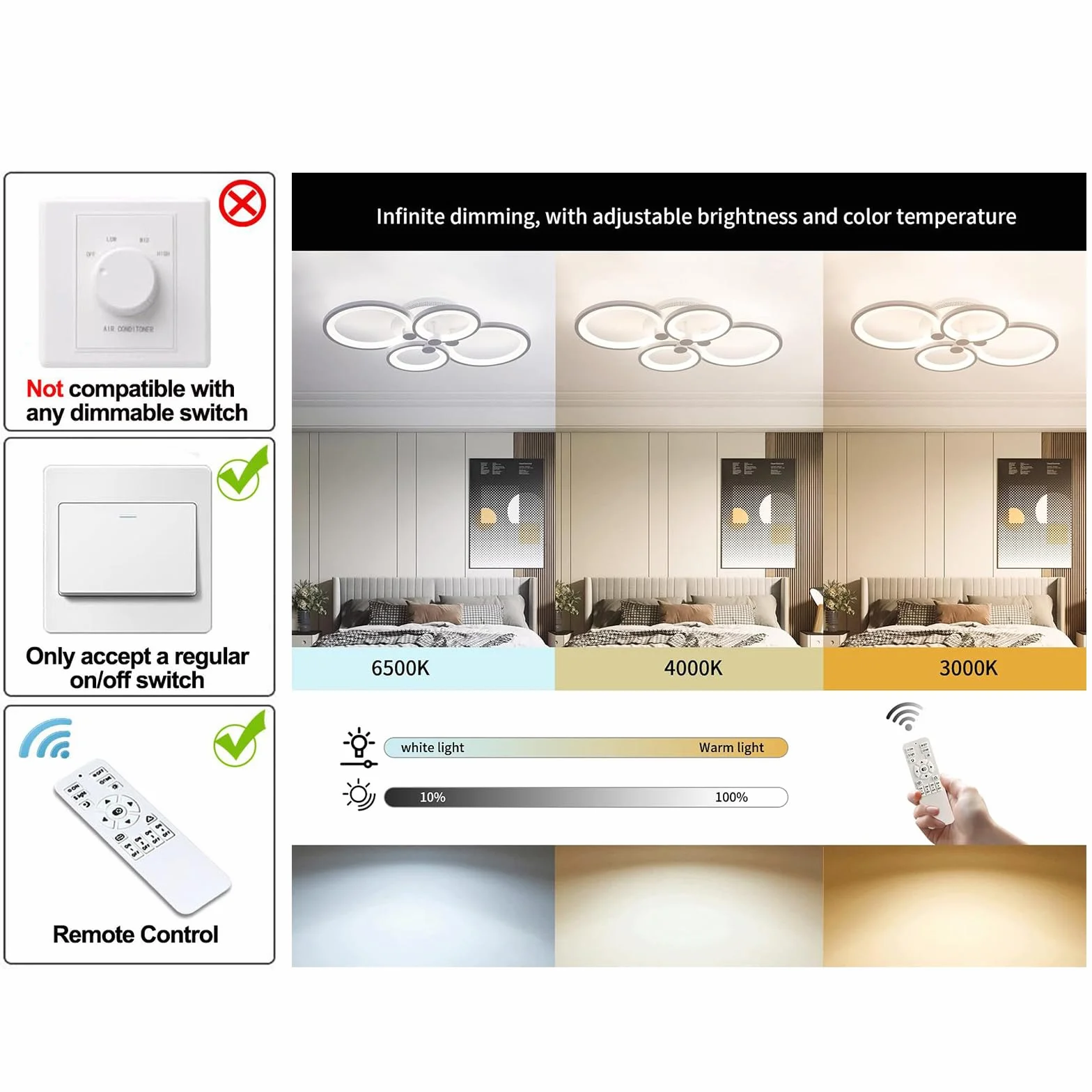 Ganeed Nowoczesne oświetlenie sufitowe Ściemnialne metalowe akrylowe lampy sufitowe LED do montażu podtynkowego 56W Żyrandol LED do salonu Kuchnia Sypialnia Jadalnia