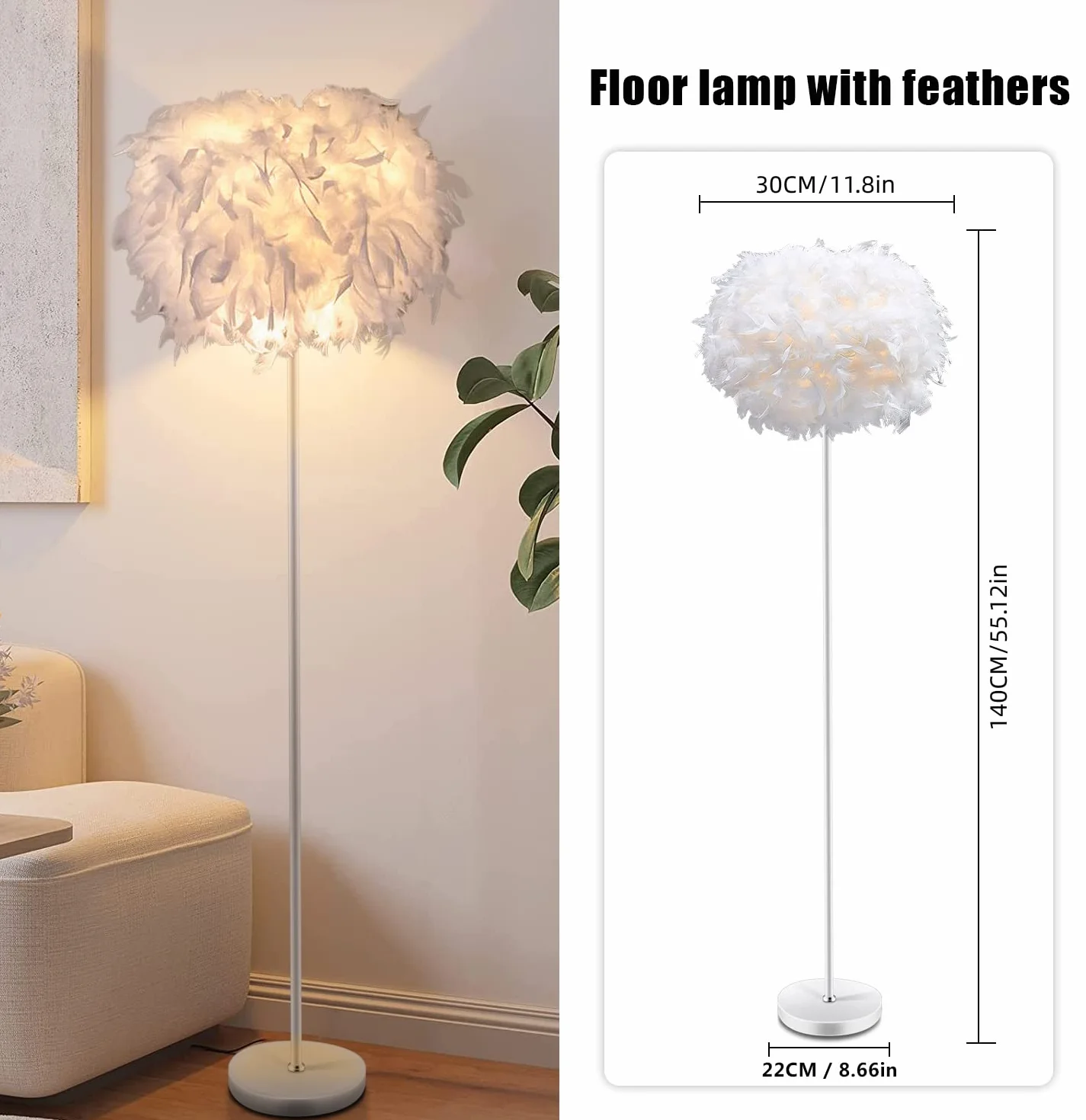 Lampa podłogowa LED z kloszem z piór, dekoracyjna lampa podłogowa do salonu,lampa podłogowa do sypialni w nowoczesnym stylu, słupek lampy DIY,metalowa podstawa z przełącznikiem nożnym