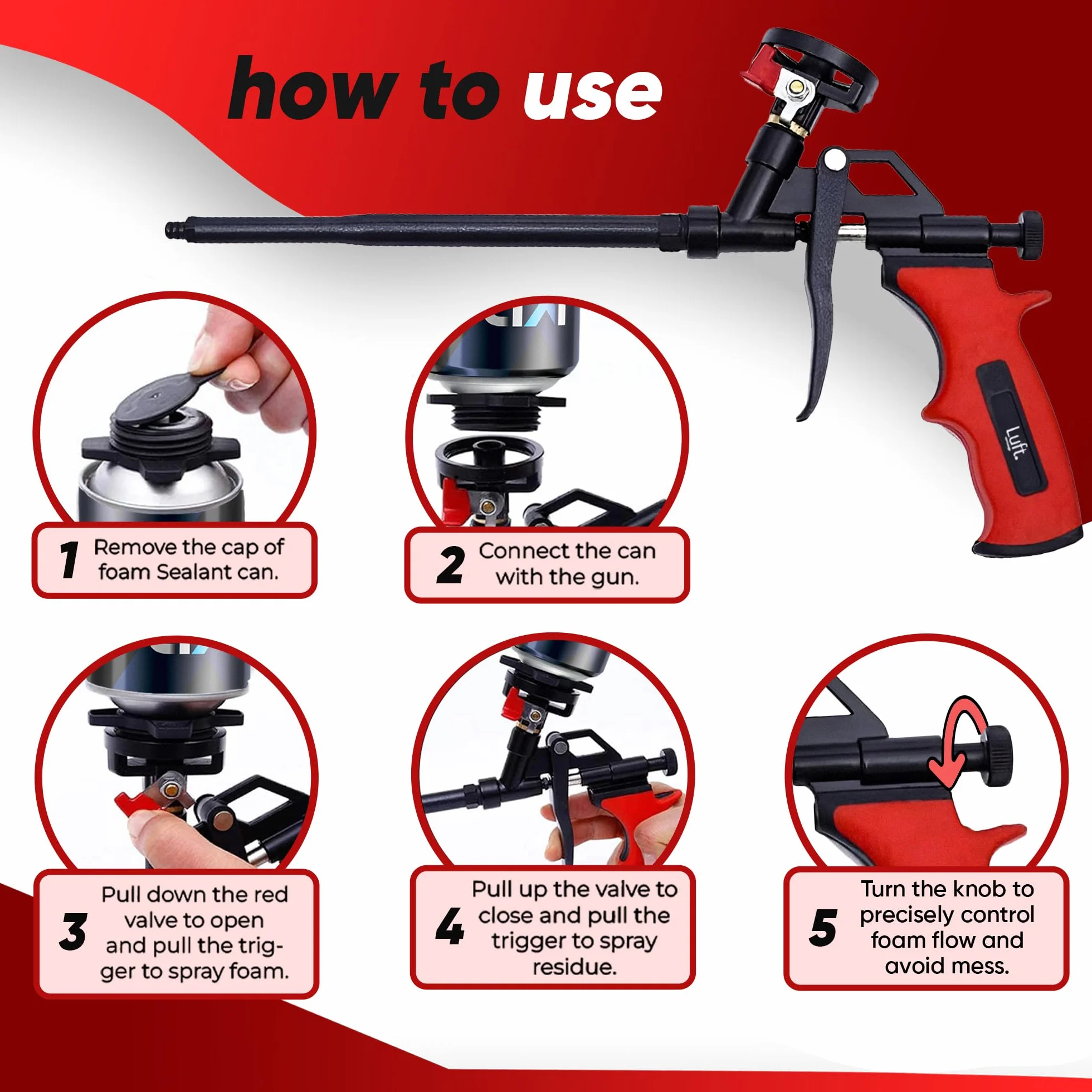 Luft <2 sztuki > Pistolet natryskowy do rozszerzania izolacji (2 pistolety + 6 dysz), profesjonalny aplikator izolacyjny PU, wytrzymały metalowy pistolet do dozowania korpusu, nadaje się do