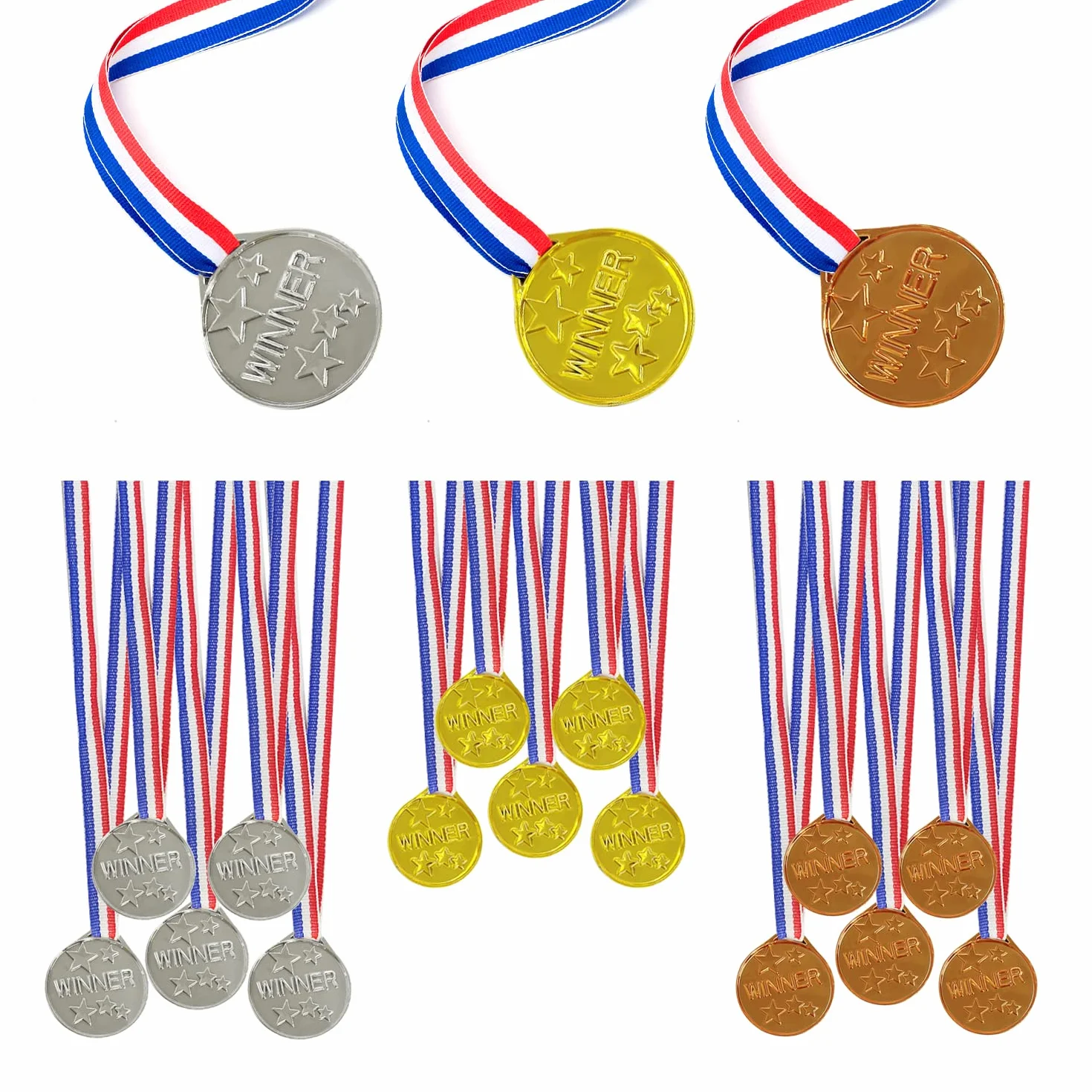 15 sztuk medalików dla dzieci, plastikowych medalików, zwycięskich medalików, nagrody na zawody sportowe dla dzieci, złota, srebra i brązu z paskiem