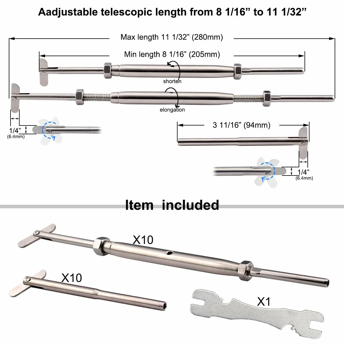 Zestaw osprzętu do poręczy kablowych 0,3 cm, metalowy system poręczy, regulowany kąt, napinacz napinający, 10 par