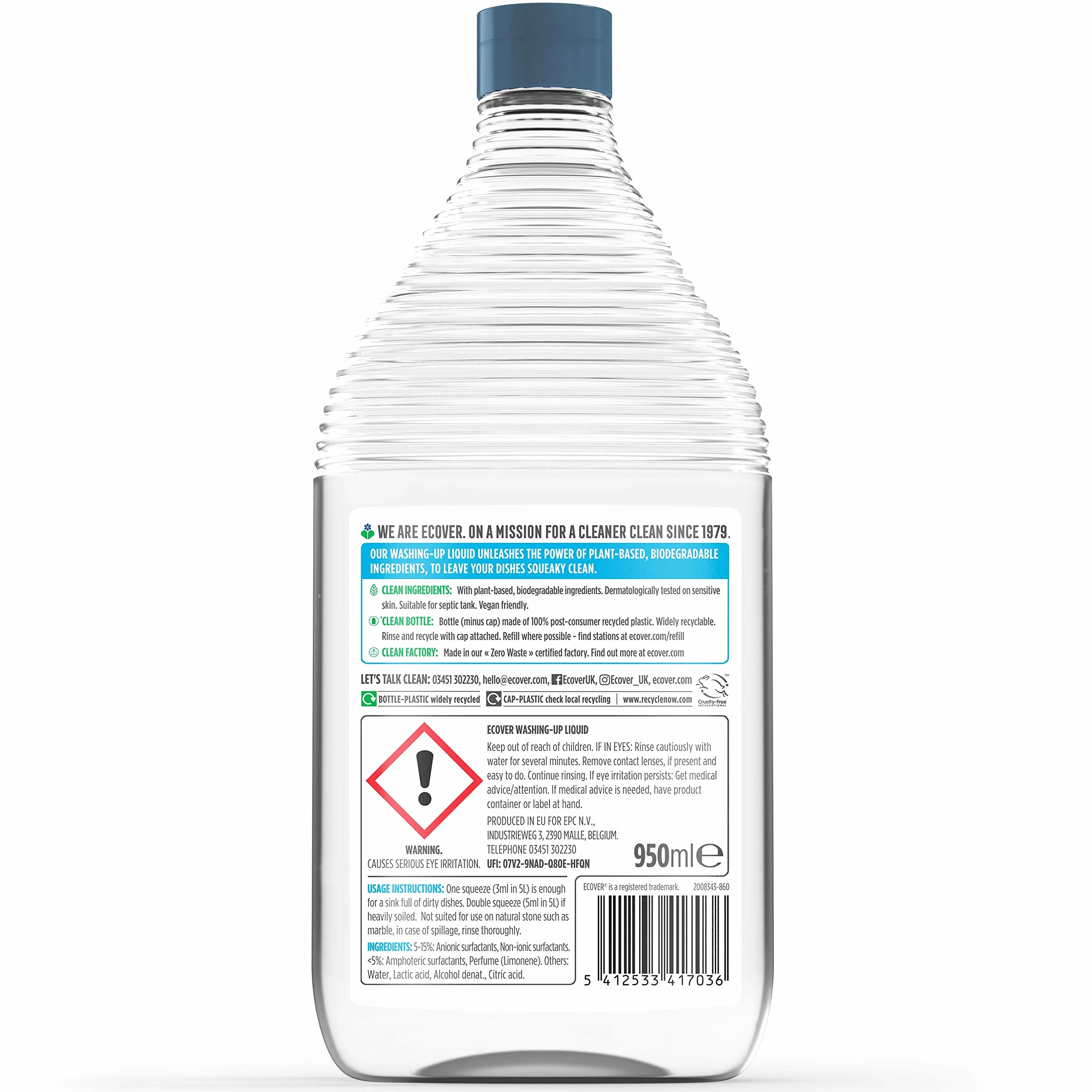 Ecover Płyn do mycia naczyń, mydło do mycia, wytrzymały na tłuszcz i brud, świeży zapach rumianku i klementyny, 1 x 950 ml