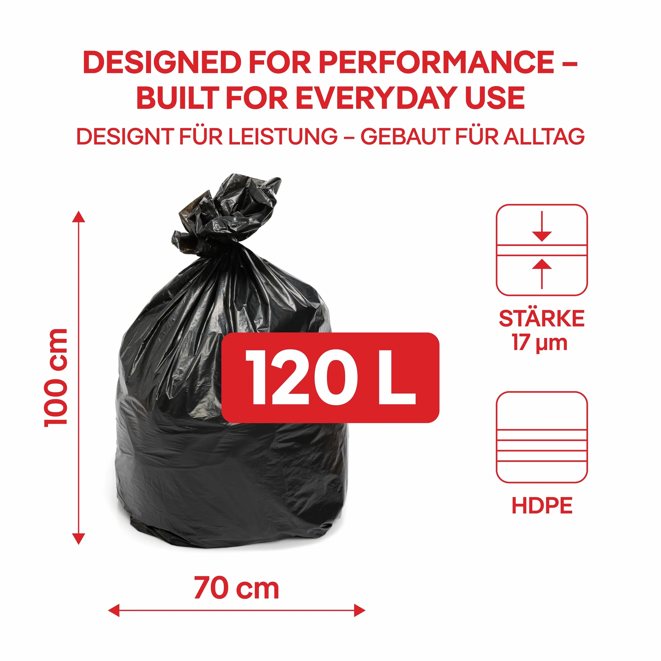 ALU FIX worki na śmieci Economy/HDPE / 120l - 10 worków na śmieci - 1 rolka/ 17 μm/czarny/worek na śmieci/ 70 × 100cm/ worki na śmieci do domu, pracy, biura