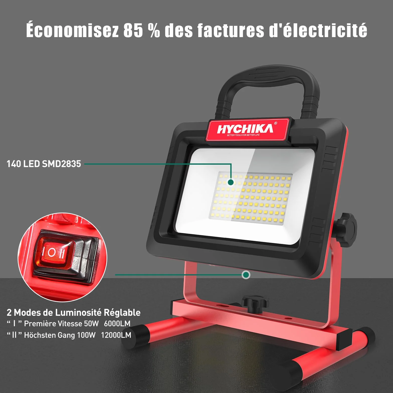 HYCHIKA Reflektor LED 100W 12000LM 6500K IP65 Obrót 360° Kabel 3m