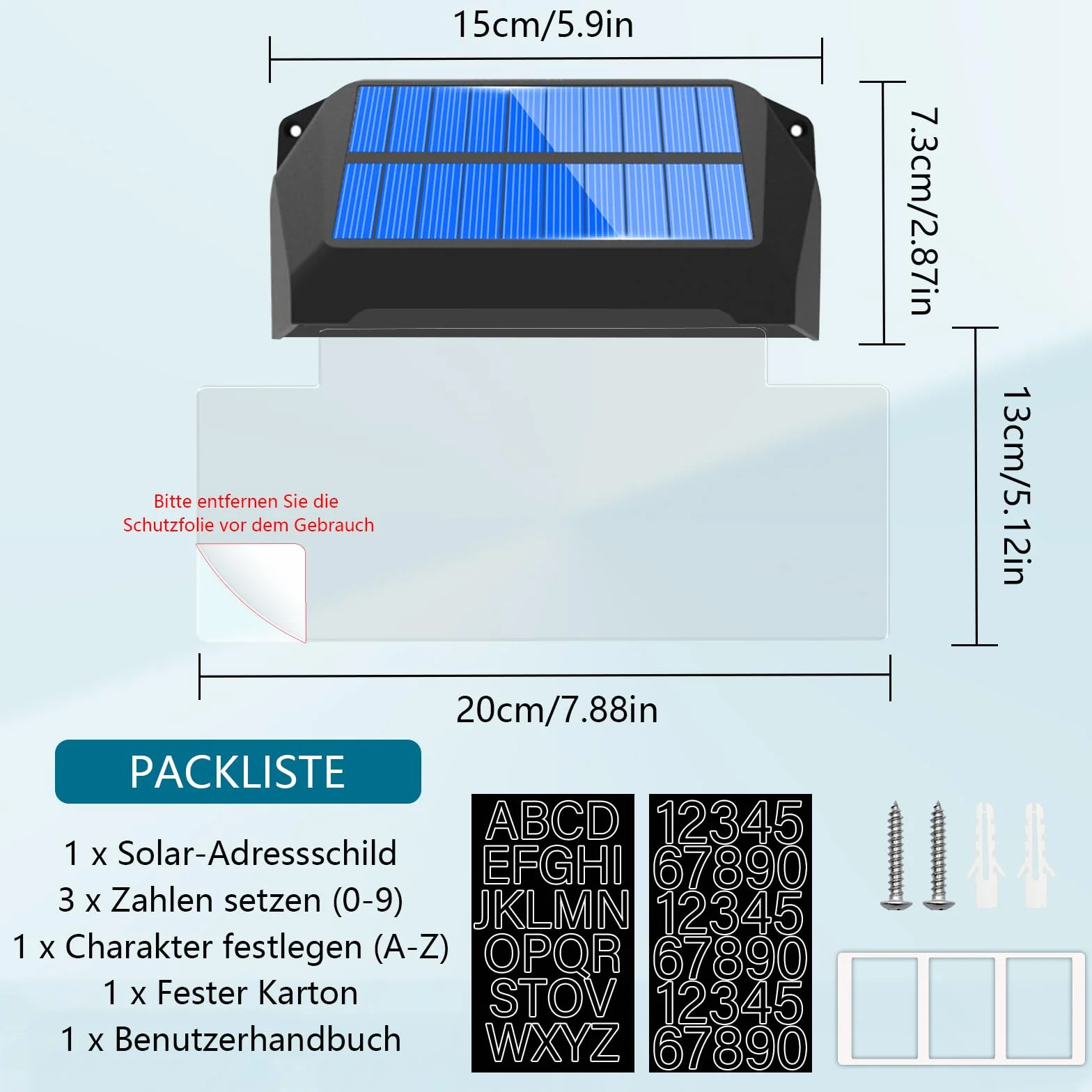 Solarnie podświetlany numer domu, lampa z numerem domu, nazwa ulicy 1200 mAh, płyta akrylowa, IP65, wodoszczelna do zewnętrznych tablic adresowych, 10 kolorów