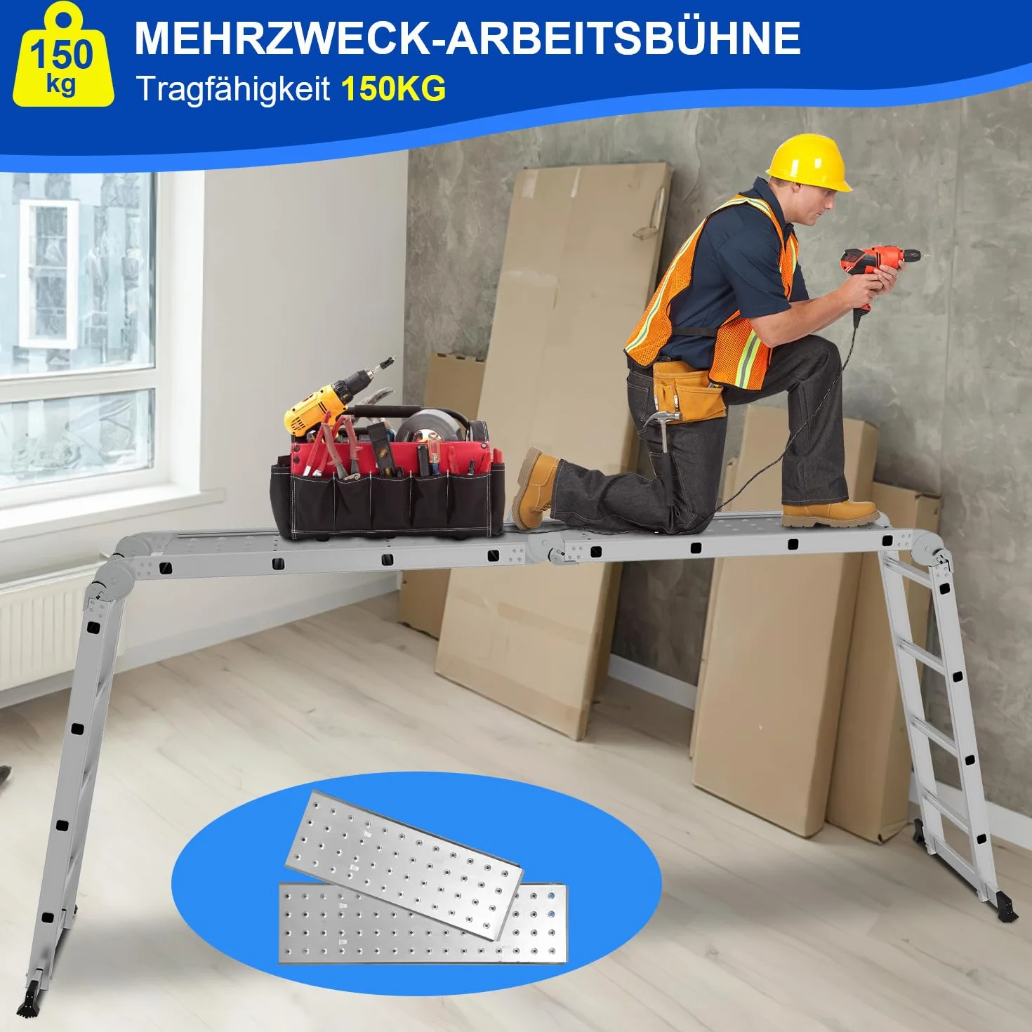 Sonnewelt Aluminiowa drabina wielofunkcyjna 6 w 1, 5,8 m, 4 x 5 stopni z platformą | 5,8 m aluminiowa drabina 6 w 1 do 150 kg, z platformą, kółkami, antypoślizgowymi nóżkami i blokadą bezpieczeństwa