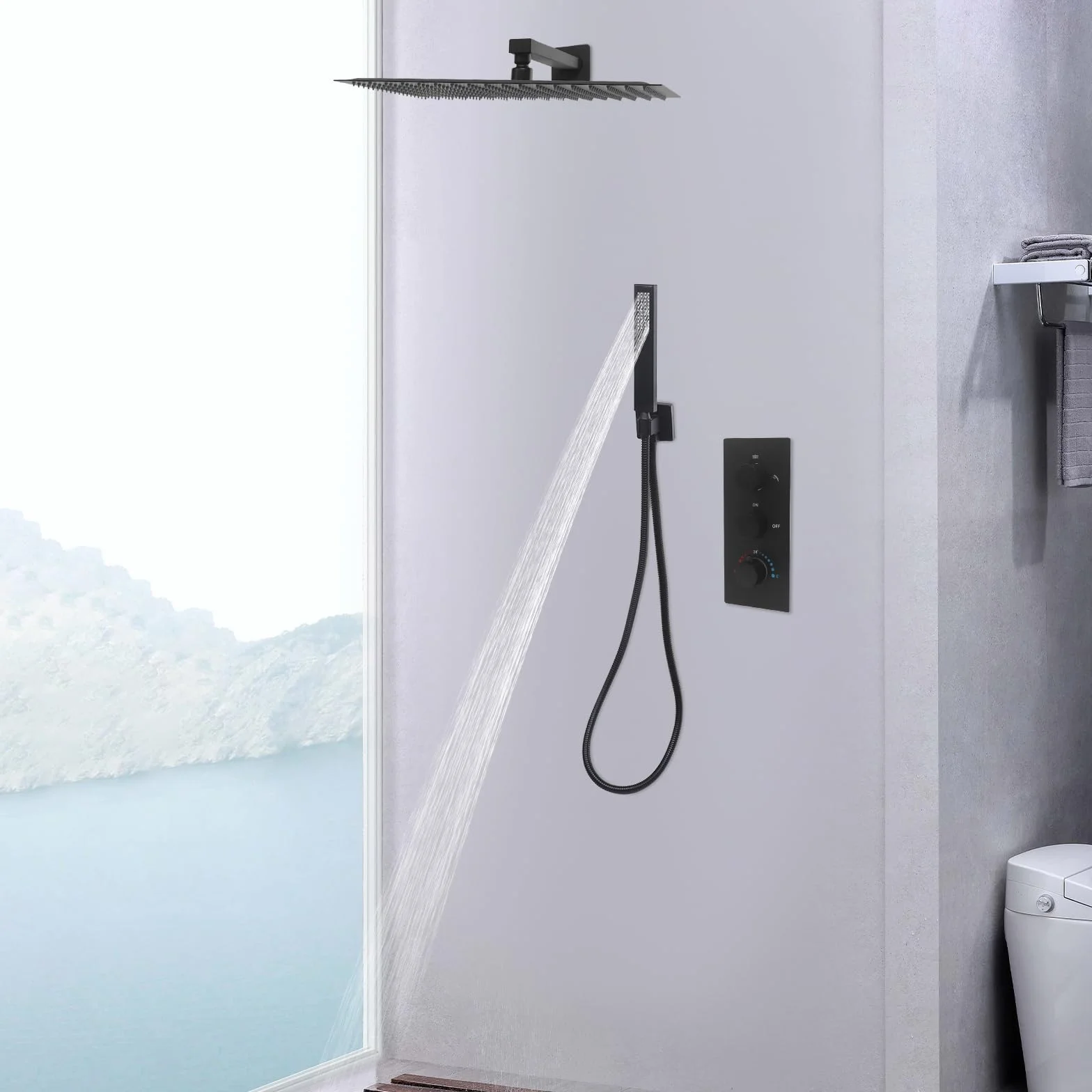 OUKANING Podtynkowy system prysznicowy z termostatem, 40 cm, kwadratowy deszczownica, wbudowany w ścianę zestaw prysznicowy ze stali nierdzewnej i mosiądzu, armatura do łazienki/prysznica w zestawie