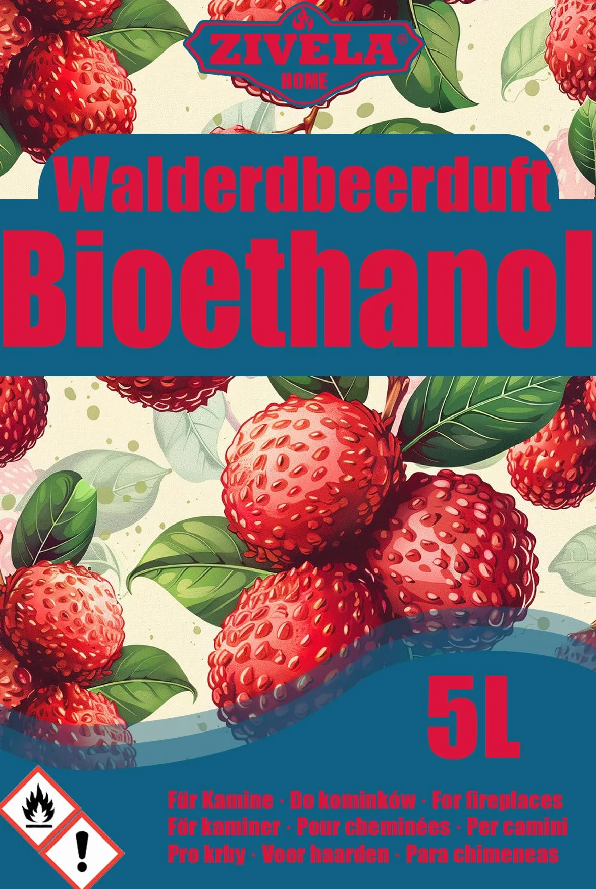 Bioetanol 96,6% 5 l | bioalkohol o zapachu truskawek 96,6% 5 l | bioetanol do kominka, kominka stołowego | bioetanol zapach truskawek | czyste spalanie, bez dymu, żywy i stabilny płomień