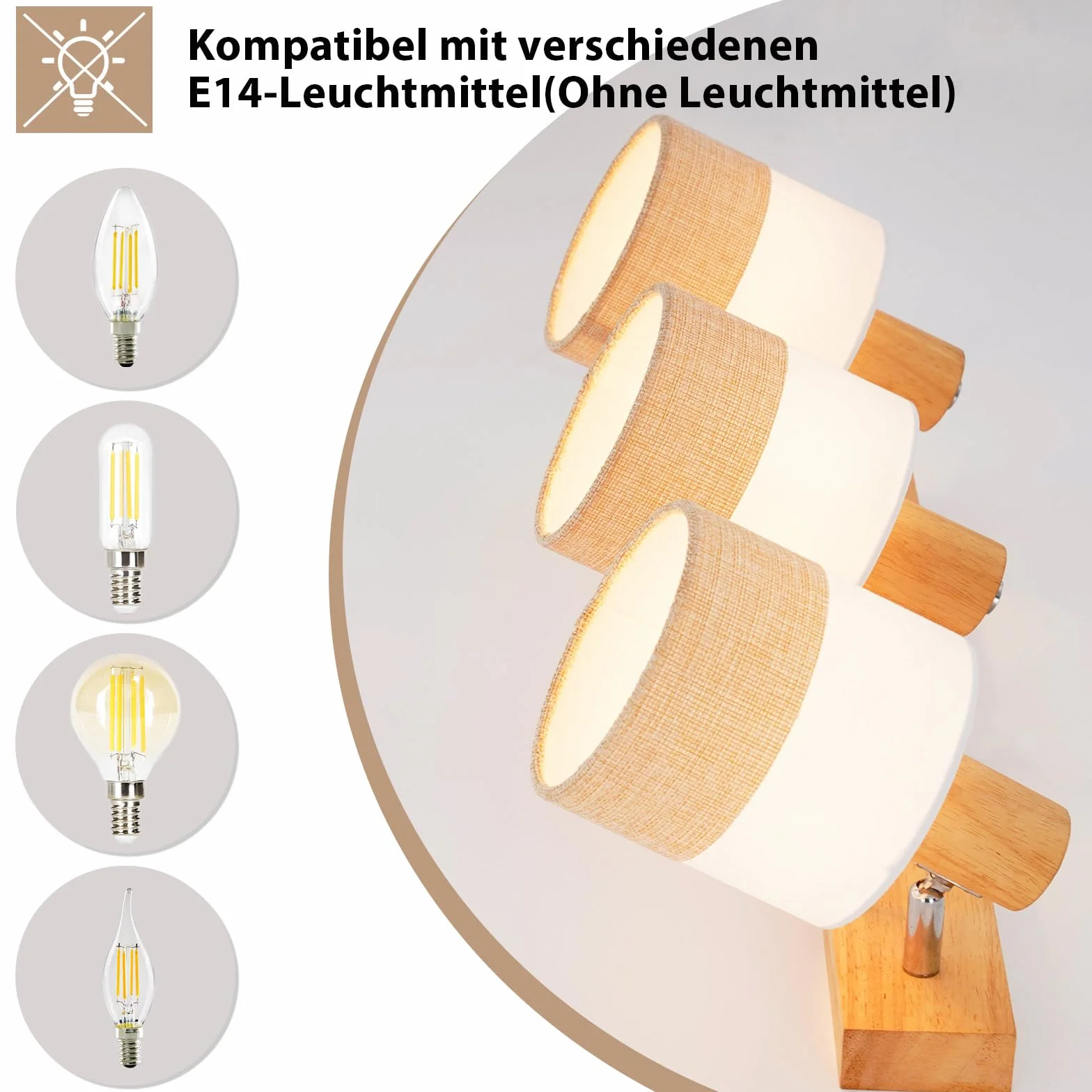 Glitzerlife Reflektor sufitowy 3 płomienie lampa sufitowa drewno - Reflektor vintage E14 klosz z tkaniny retro obrotowy 350° spot MAX.25W przedpokój kuchnia sypialnia salon, bez żarówki