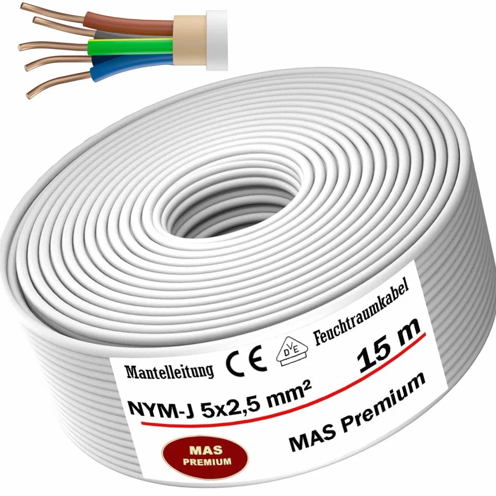 MAS Premium Kabel zasilający do wilgotnych pomieszczeń, kabel zasilający 5-170 m, przewód płaszczowy NYM-J 5 x 1,5, 2,5, 4, 6, 10 lub 16 kabel elektryczny pierścień do stałego układania (NYM-J 5 x 2,5
