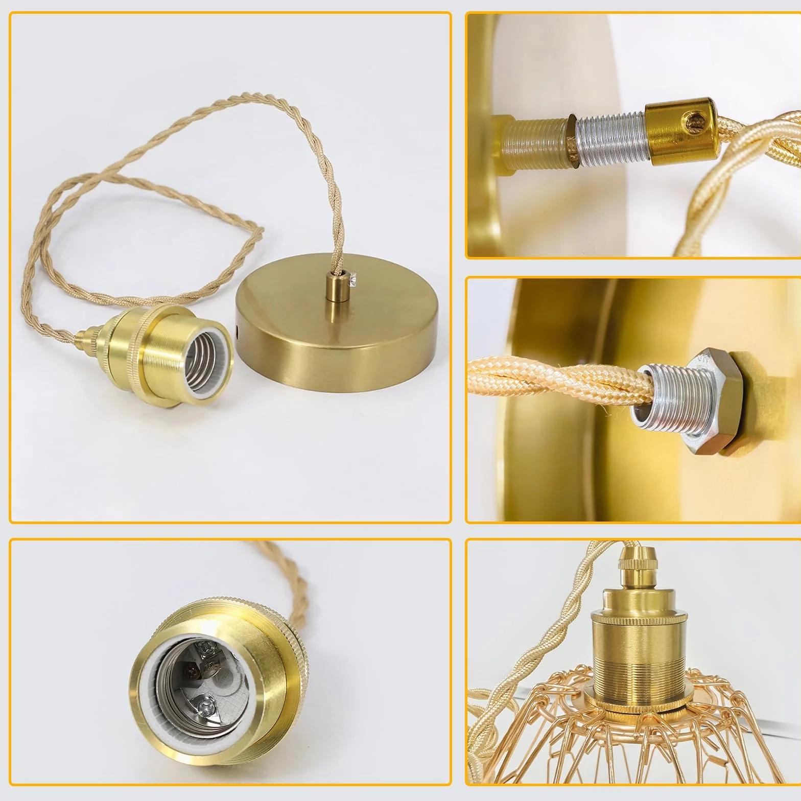 Oprawa lampy E27 z kablem 150 cm Vintage lampa wisząca złota | Metalowe zawieszenie lampy z pierścieniem śrubowym, kabel tekstylny, "zrób to sam", lampa wisząca do kuchni, bez żarówki