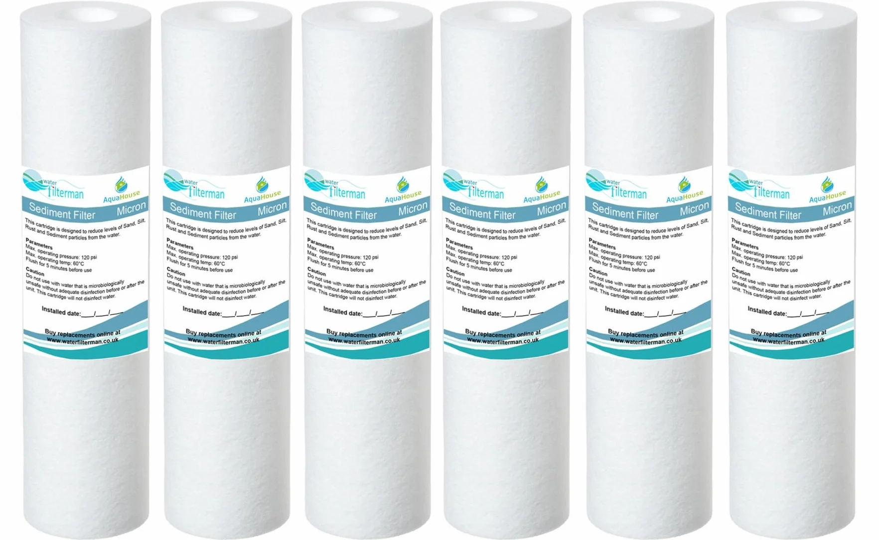 6 x wkład filtrujący do wody osadowej AquaHouse 25 cm do odwróconej osmozy, słupa zasilanego wodą i filtracji cząstek, pasuje do standardowych obudów filtrów 25 cm - 5 mikronów