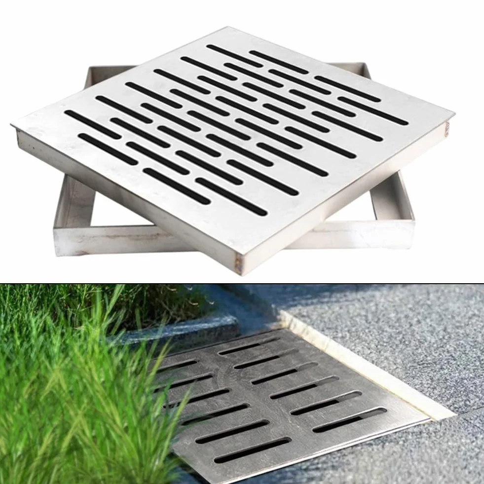 Kwadratowy odpływ podłogowy ze stali nierdzewnej z antypoślizgową kratką zewnętrzna osłona odpływu wody deszczowej 150 x 150 x 20 mm system odwadniania kanału ogrodowego