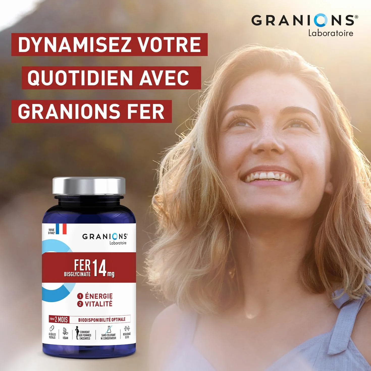 Bisglycinate żelaza 14 mg + Witamina B | Energia i witalność | 100% zalecanego spożycia | Optymalna biodostępność | Kobiety w ciąży | 60 kapsułek = 2 miesiące | Granions