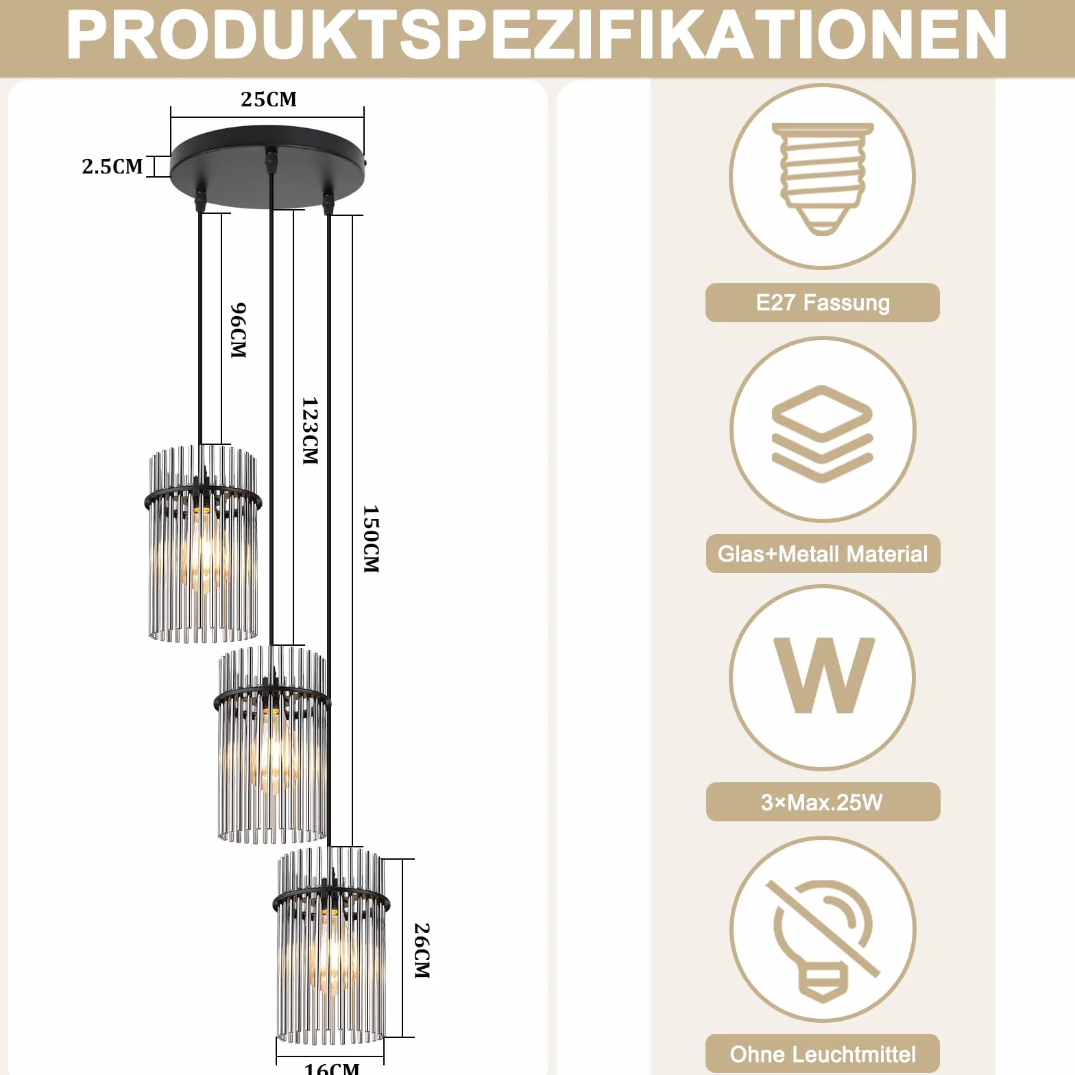 Lampa Wisząca Stół Jadalny Czarna szklany E27 nowoczesna Lampa | Kuchenna 3-punktowa z regulacją Ø 16 cm żyrandol do jadalni salon sypialnia baru i kuchni (bez żarówek)