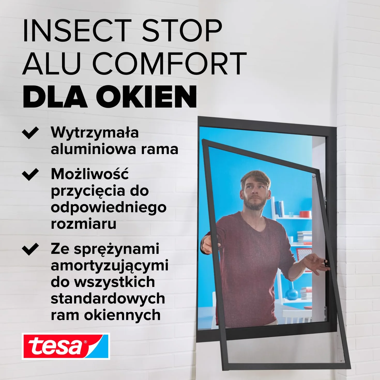 tesa INSECT STOP Aluminium for Window Frame Fly Screen - siatka z ramą aluminiową, bez wiercenia, antracyt - 120 x 150 cm