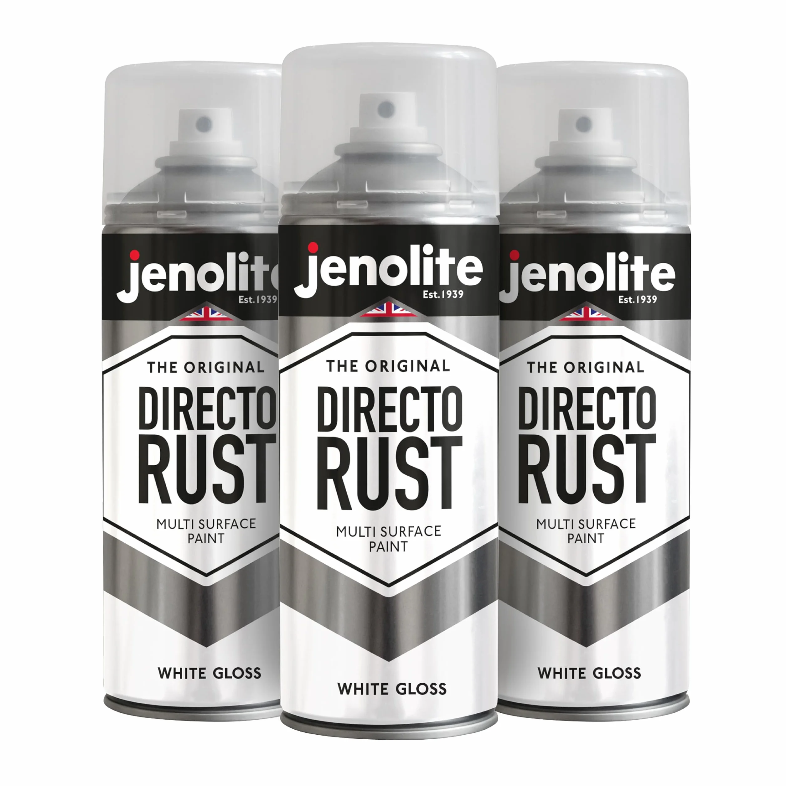 JENOLITE Directorust Farba w sprayu z połyskiem, biała, 3 x 400 ml, farba w sprayu do metalu, metalu, tworzywa sztucznego, ceramiki, RAL 9016