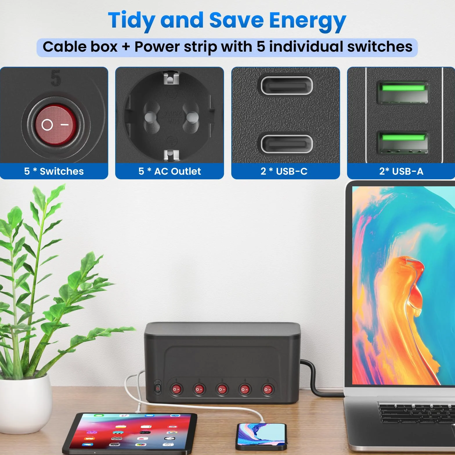 Skrzynka na Kable z Listwą Zasilającą USB C,Duża Skrzynka Kablowa Rozgałęziacz do Wielokrotne Gniazdka z przełącznikiem,Zarządzanie Kablami na Biurku,Porządkowanie Kabli,Przedłużacz 1,5 m,Czarna