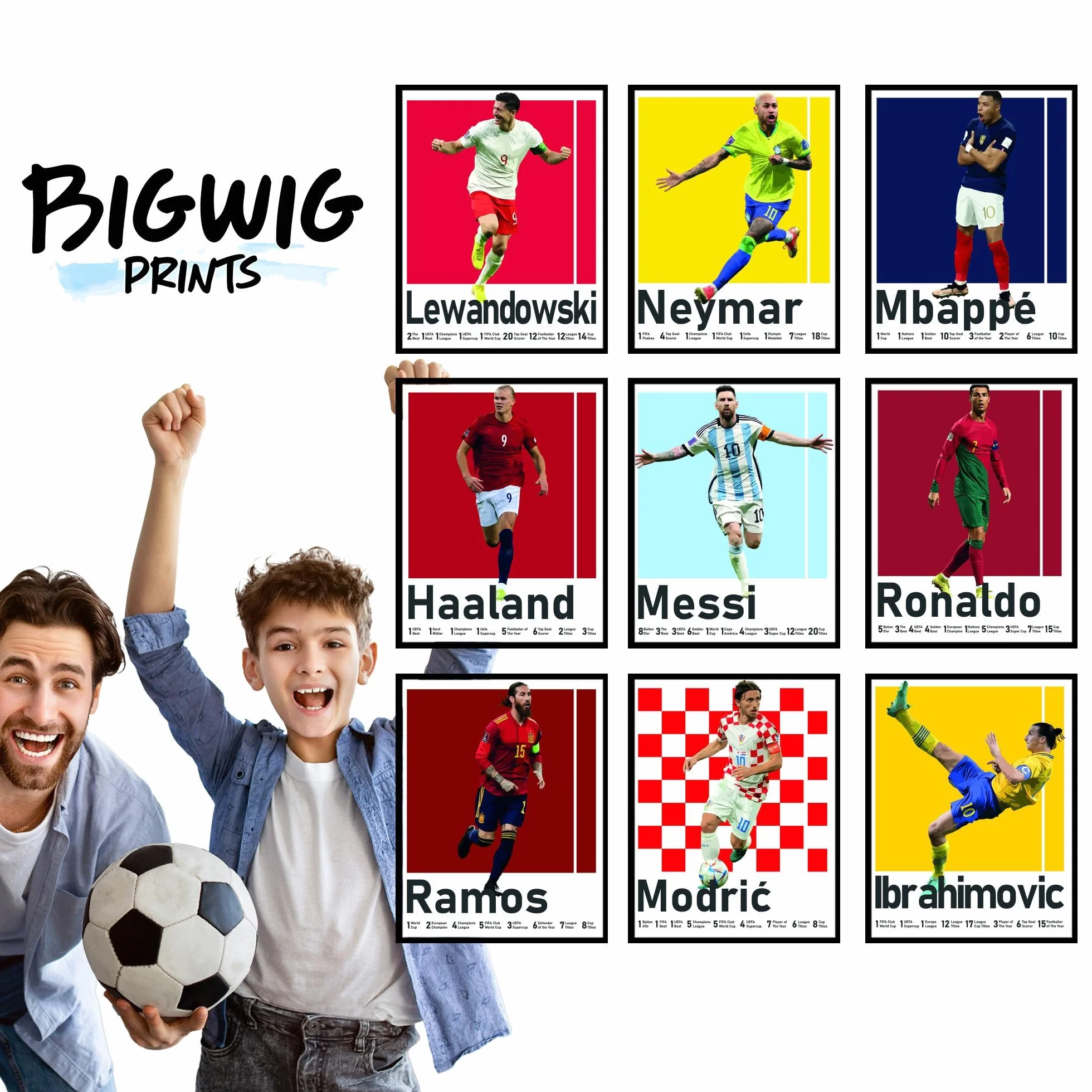 BigWig Prints Plakaty piłkarskie - dekoracja sypialni piłkarskiej dla chłopców, plakat piłkarski Messi, dekoracja pokoju piłkarskiego dla chłopców, plakat Ronaldo i Messi, plakaty Messi do sypialni