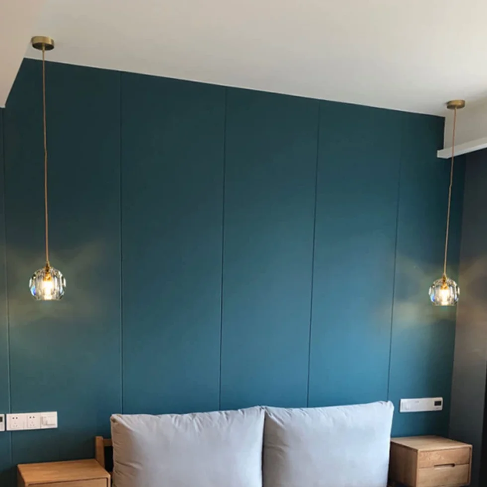 Nowoczesna lampa wisząca z kryształową główką, miedziana, mała lampa wisząca do baru, restauracji pojedyncza i długa lampa do sypialni, żyrandol nocny, regulowana wysokość