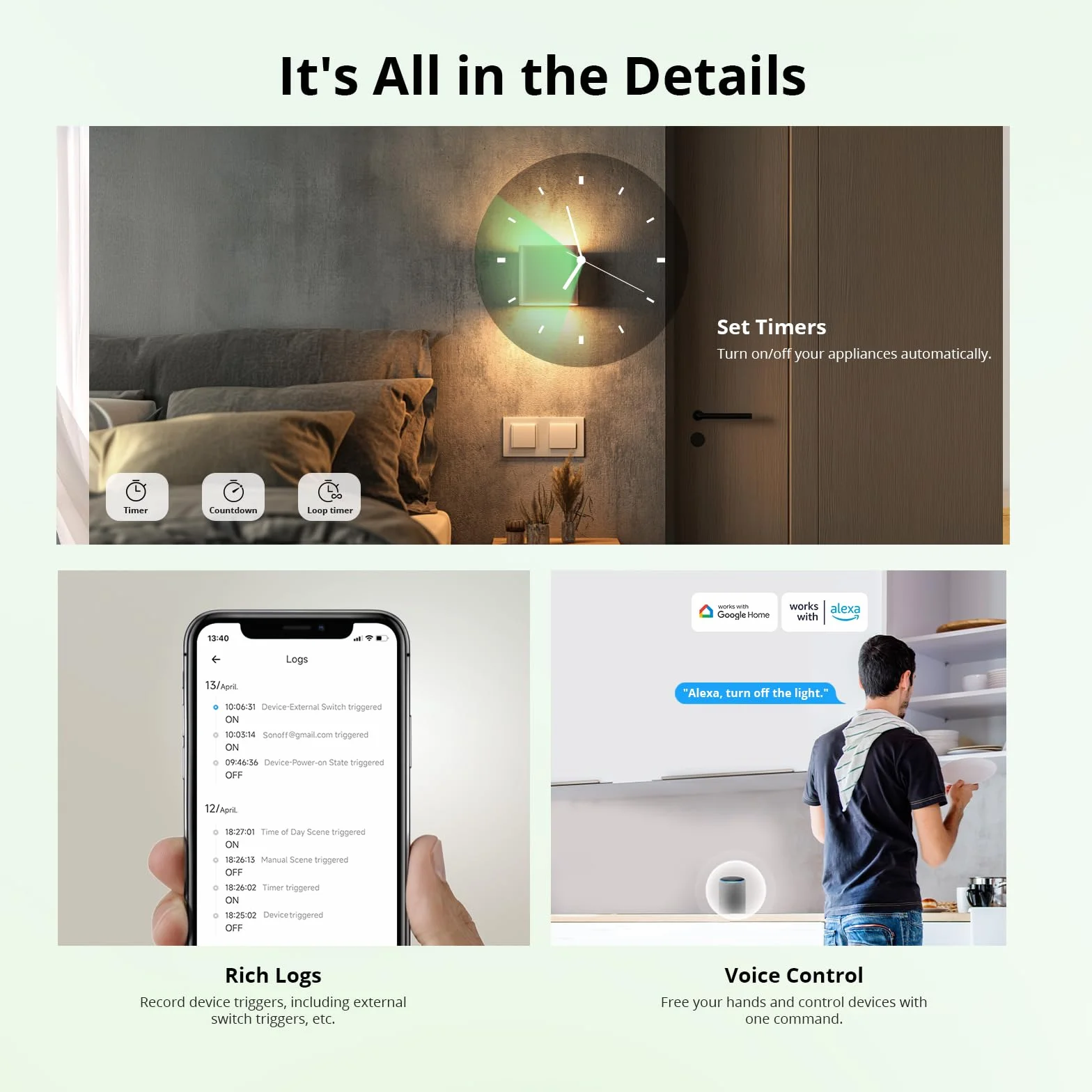 SONOFF Inteligentny przełącznik, mini moduł Wifi DIY, obsługa Alexa, Google Home, 2 pakiety, bez kabli