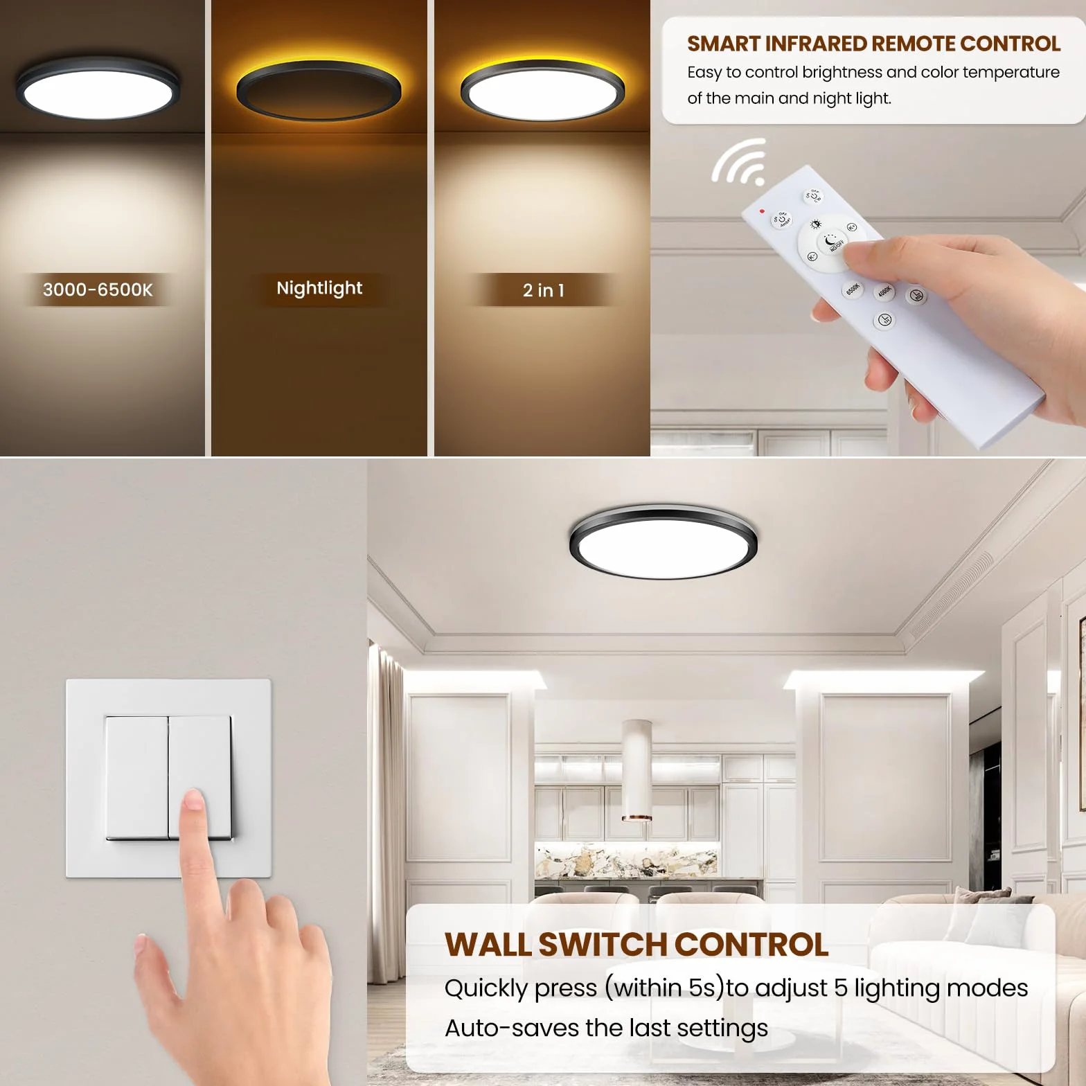 Lampa sufitowa LED 24 W, z pilotem zdalnego sterowania i ściemnialną, 1800 K, panel 3000K-6500K, bardzo cienka okrągła, odpowiednia do sypialni, pokoju