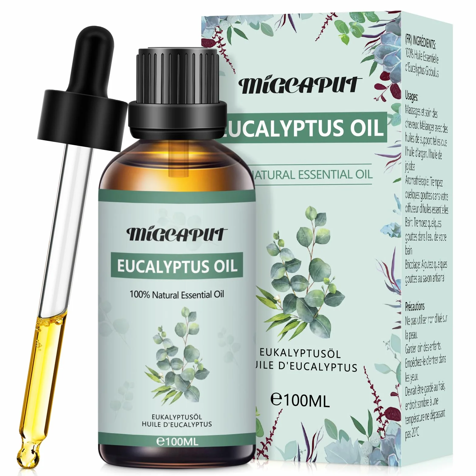 MIGCAPUT Olejek Eteryczny z Eukaliptusa 100ML, Naturalny Olejki Aromaterapeutyczny, Eukaliptusa Olejek Zapachowy Premium do Dyfuzora, SPA, Masażu, Ręcznie Robione Mydło, Ręcznie Robione Świece