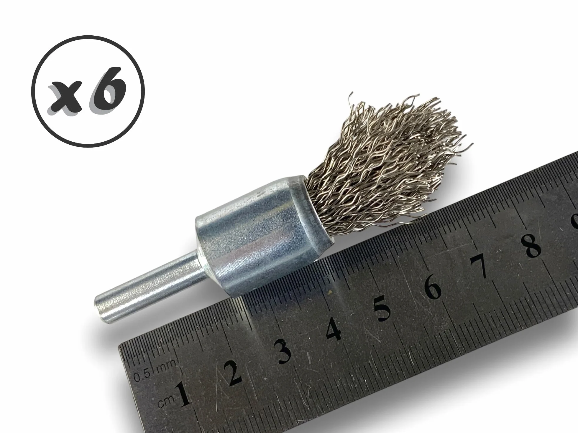 KIBROS 20TC18x6 zestaw 6 szczotek drucianych z końcówką na trzonku | Ø 18 mm | twarda stal nierdzewna 0,40 mm | kształt końcówki | do wiertarki lub wiertarko-wkrętarki | szczotkowanie i bejcowanie |