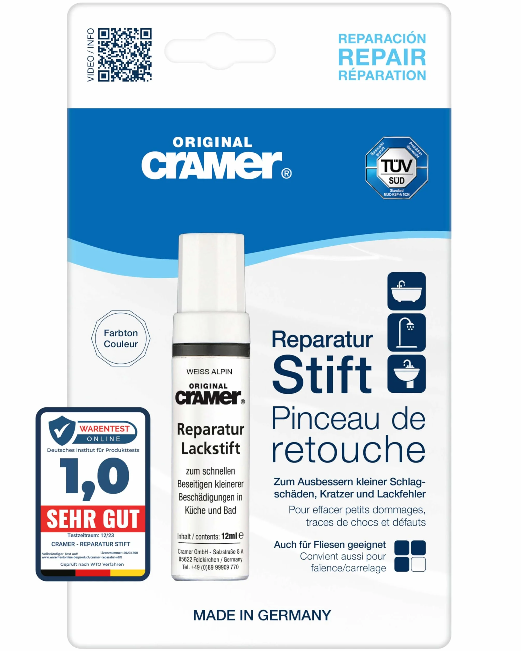 Cramer Lakier Sanitarny do Naprawy Uszkodzeń Wanien, Brodzików, Umywalek, Płytek, Biały, 12 ml