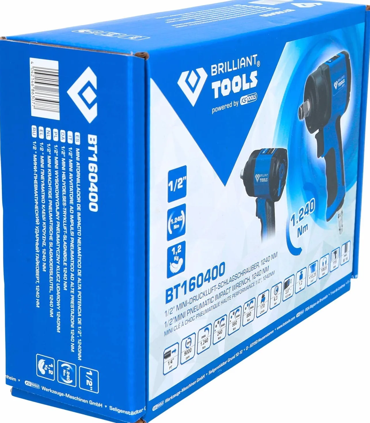 BRILLIANT TOOLS BT160400 1/2" Mini pneumatyczny klucz udarowy, 1.240 Nm [Powered by KS TOOLS]