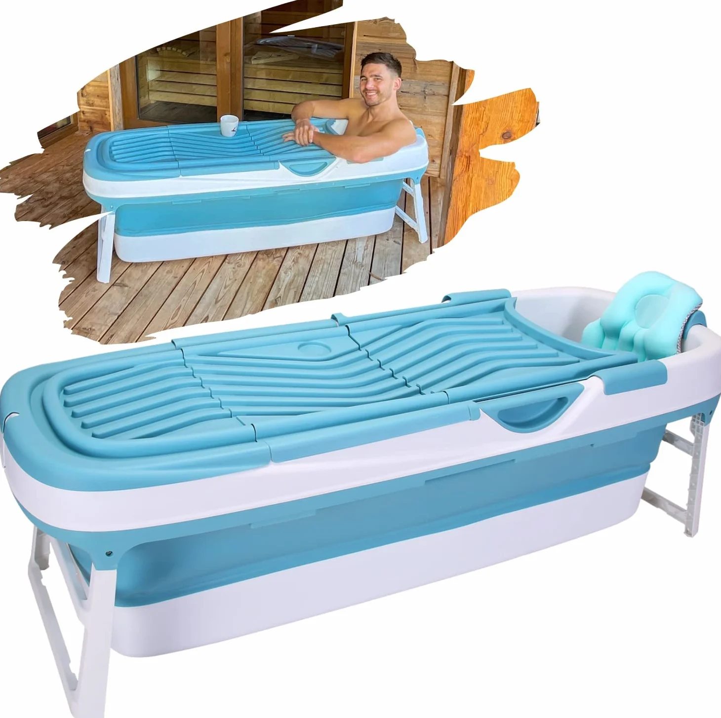 CRS składana wanna dla dorosłych 158x62x52cm | składana mobilna wanna idealna do małych łazienek | składana wanna | przenośna składana wanna do ustawienia Niebieski