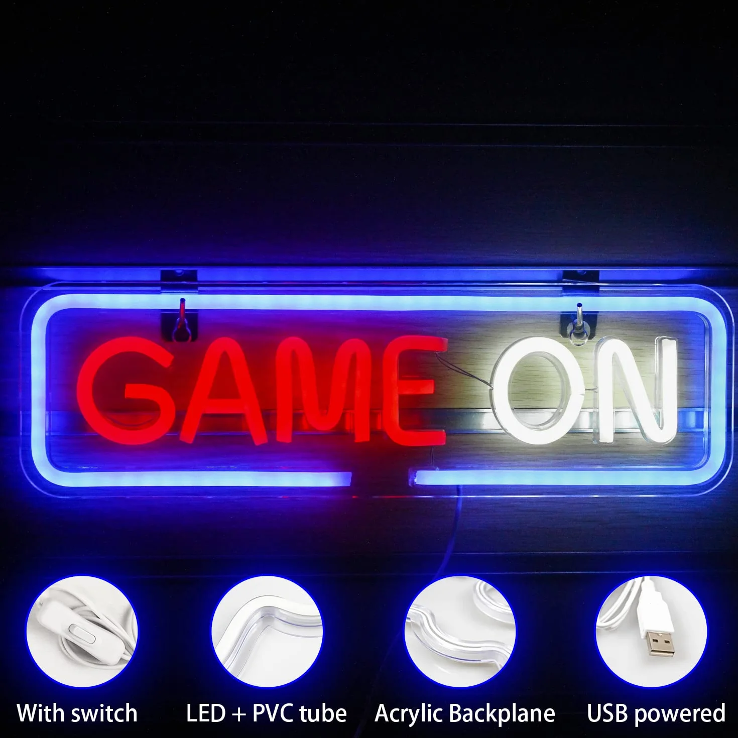 Game On Neon Dekoracja ścienna Gra Led Neon Light USB Akrylowe oświetlenie dekoracyjne do pokoju zabaw, sypialni, domu, baru, gry, konkursu, klubu, na imprezę, prezent urodzinowy (niebieski czerwony)