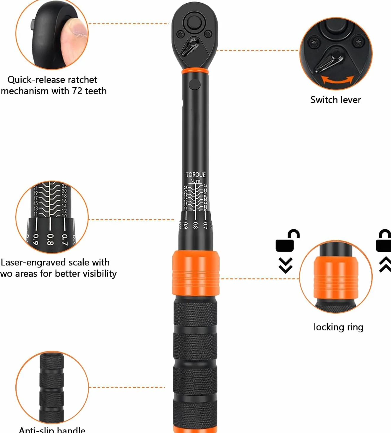 Klucz dynamometryczny do roweru 1/4" 2-24 Nm, 33-częściowy zestaw kluczy Torque z grzechotką (72 zęby), dokładność ±3%, do roweru, motocykla, montażu mebli, w zestawie bity i adaptery