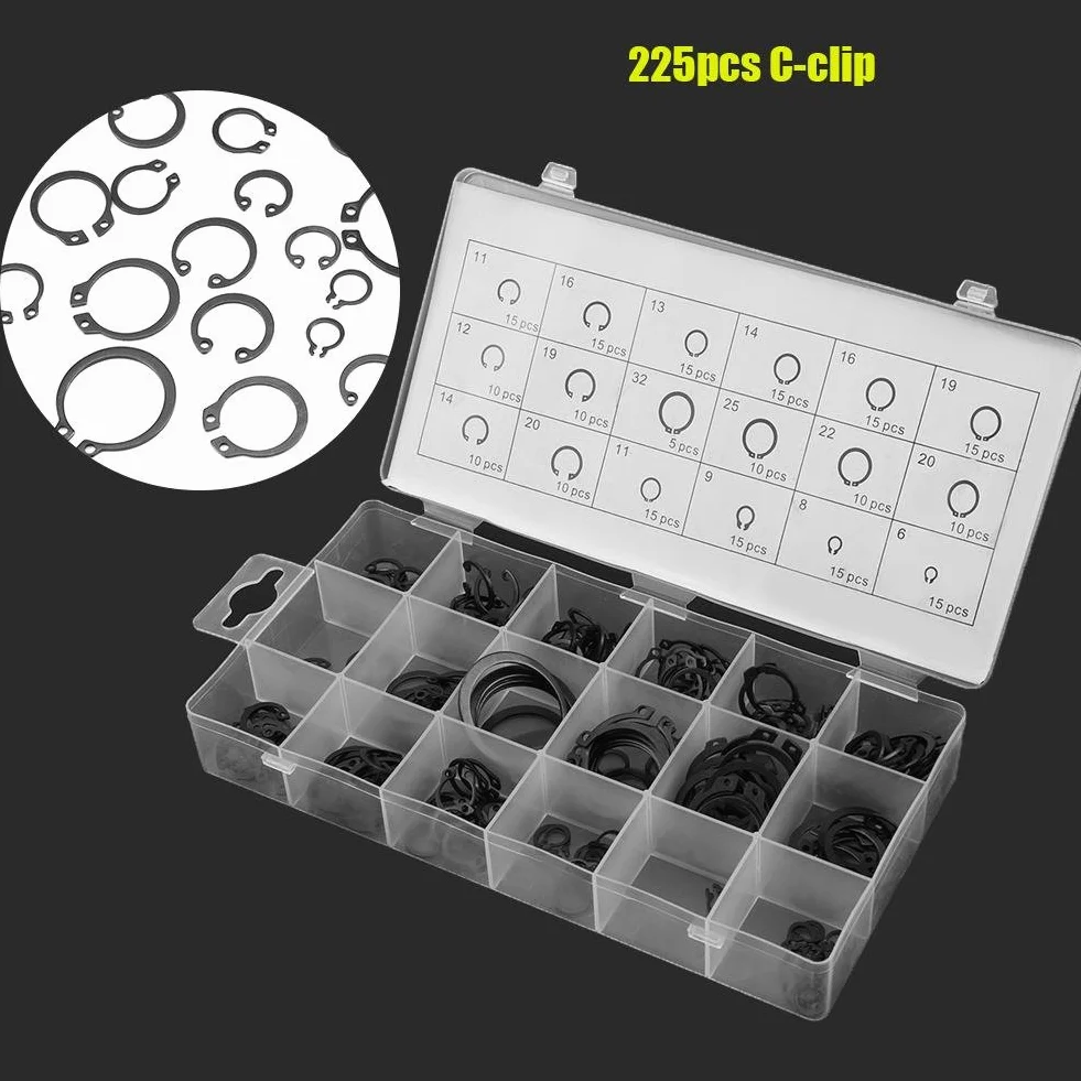 225 szt. C-Clip Snap Ring Shop Asortyment 18 rozmiarów wewnętrzny i zewnętrzny metalowy pierścień zabezpieczający zatrzask asortyment spinek zabezpieczających z pudełkiem.