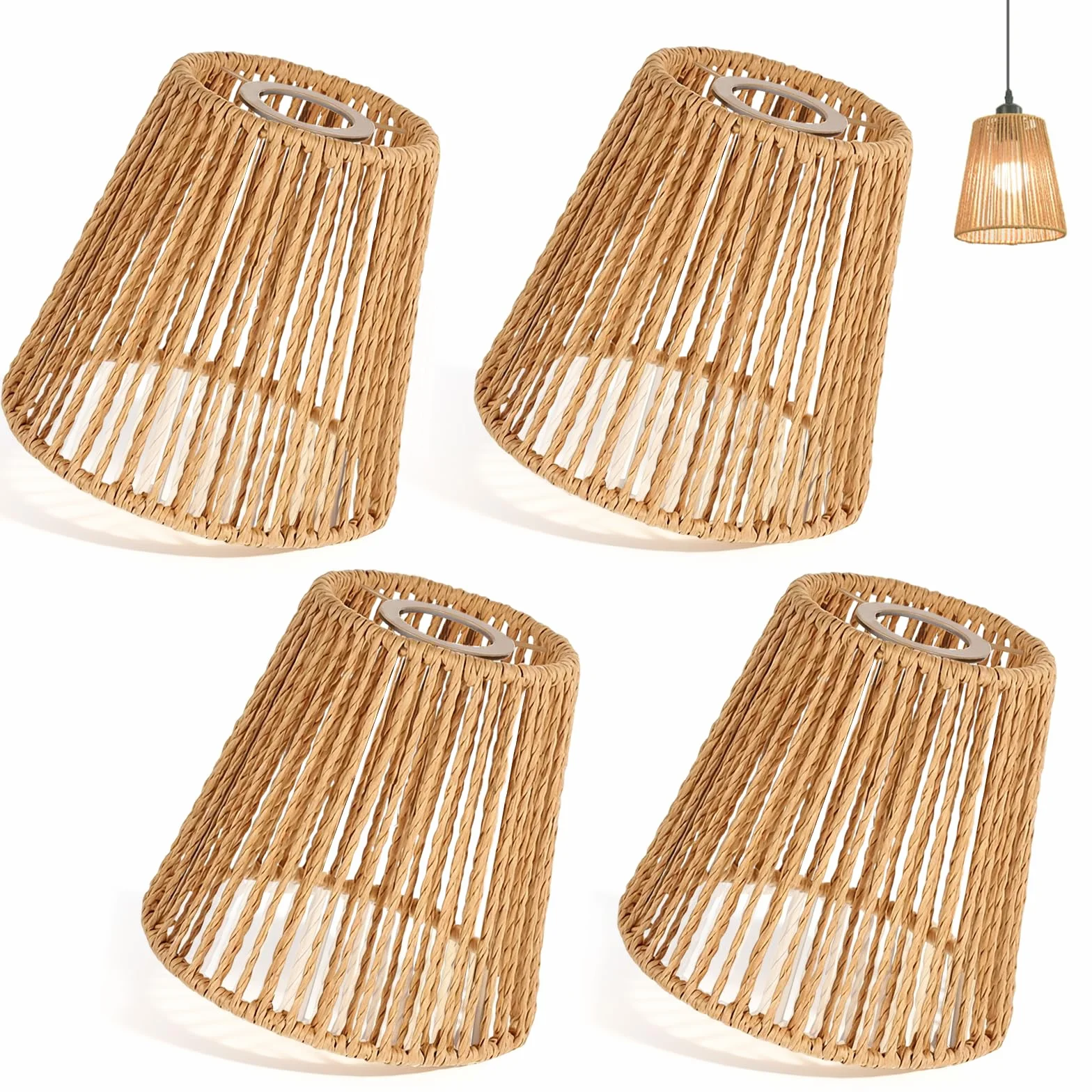 Abażur rattanowy w stylu boho, 4 sztuki, E27, abażur do lampy stołowej, lampy wiszącej, lampa stojącej, lampa sufitowa, papierowy, zapasowy klosz do lampy stojącej, 14 x 14 cm