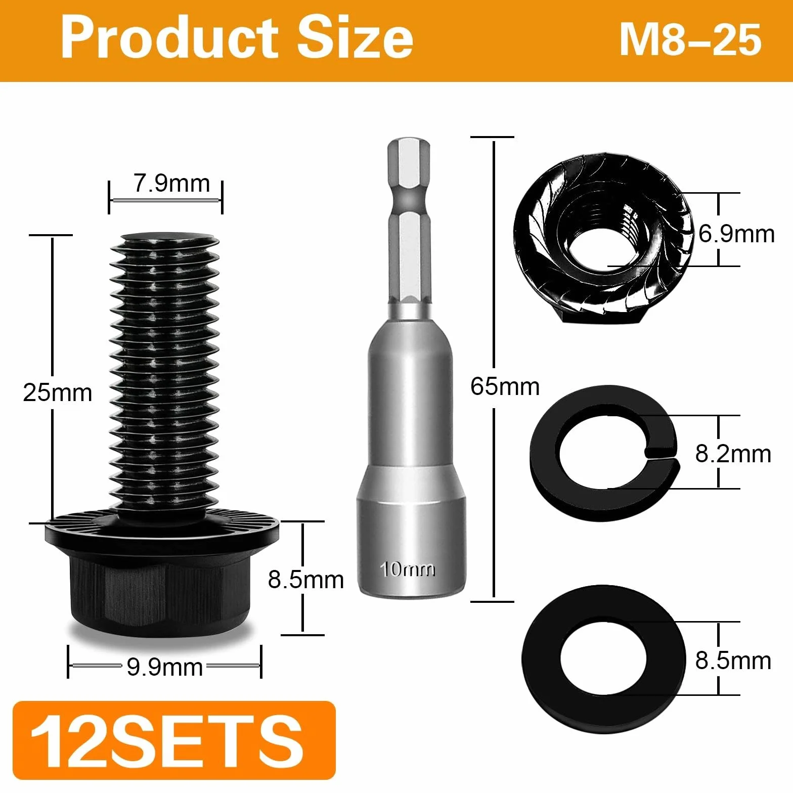 12 sztuk śrub sześciokątnych M8 x 25 mm, śruby z kołnierzem, czarna, stal węglowa DIN 6921, podkładki zewnętrzne, pierścienie sprężyste i nakrętki/śruby z łbem sześciokątnym