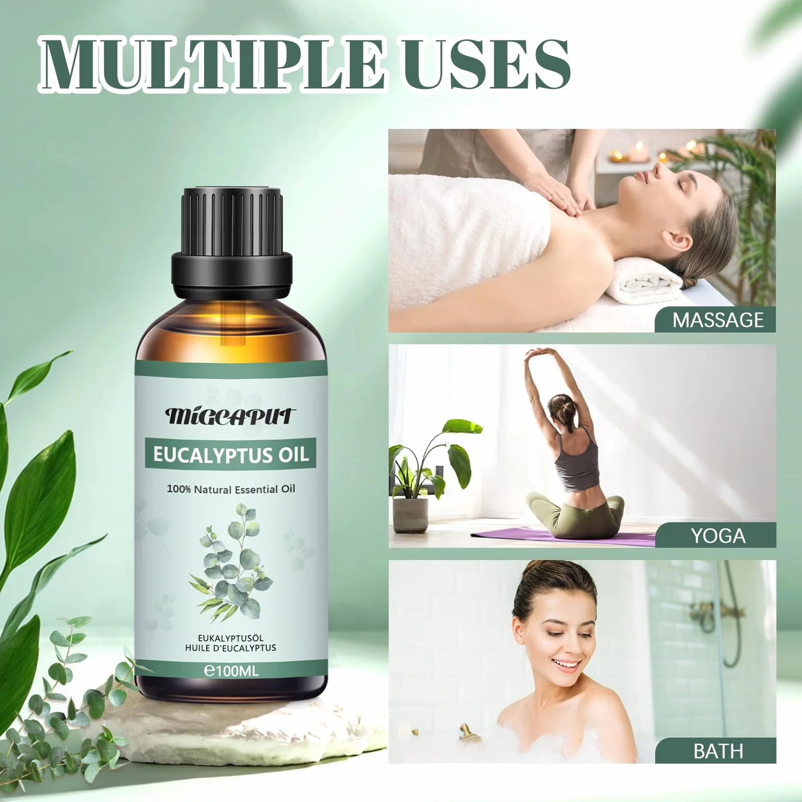 MIGCAPUT Olejek Eteryczny z Eukaliptusa 100ML, Naturalny Olejki Aromaterapeutyczny, Eukaliptusa Olejek Zapachowy Premium do Dyfuzora, SPA, Masażu, Ręcznie Robione Mydło, Ręcznie Robione Świece