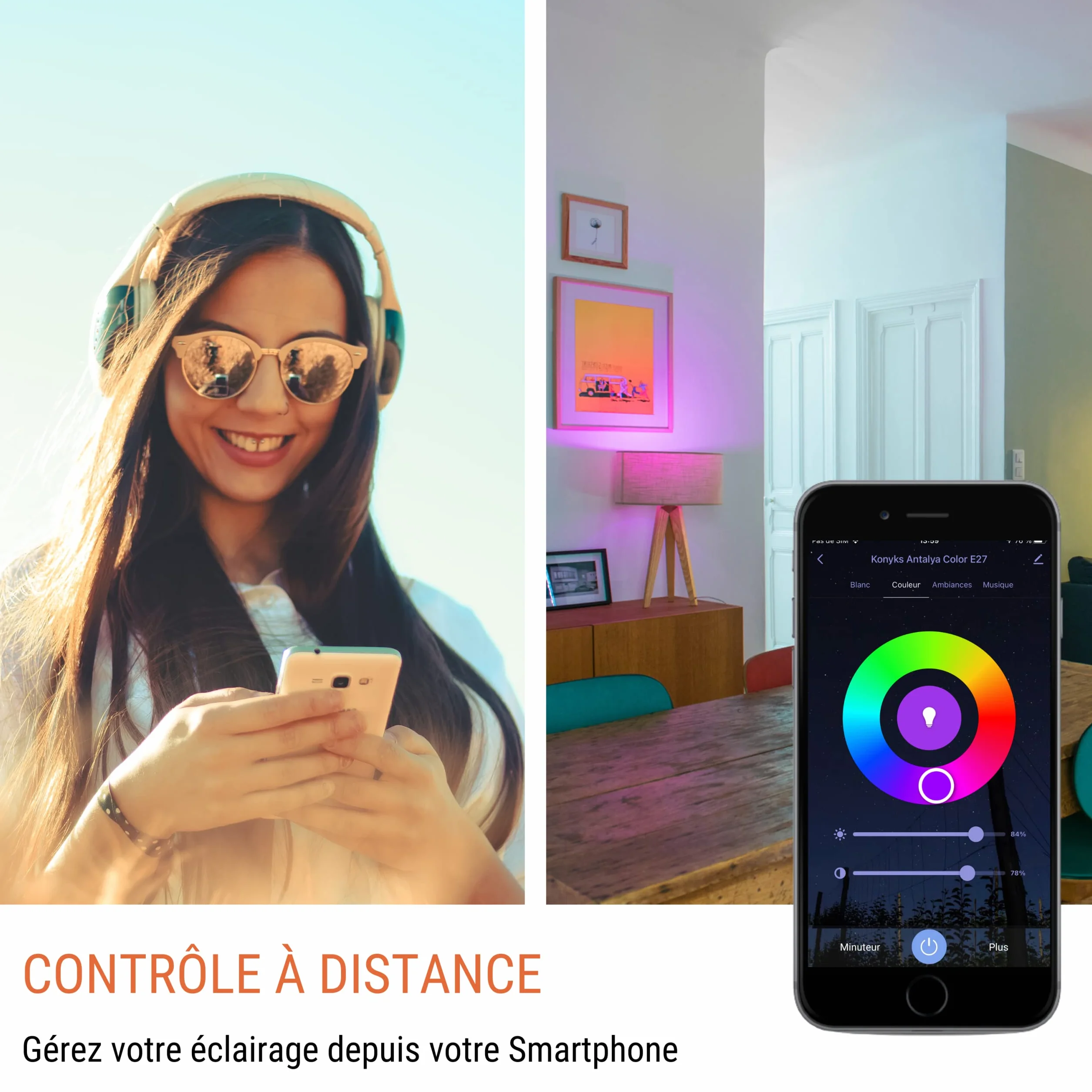 Konyks Antalya Color E27 - LED WiFI + BT, 1055 lumenów, 11 W, kolory + regulowany biały, kompatybilny z Alexa lub Google Home, łatwa automatyzacja