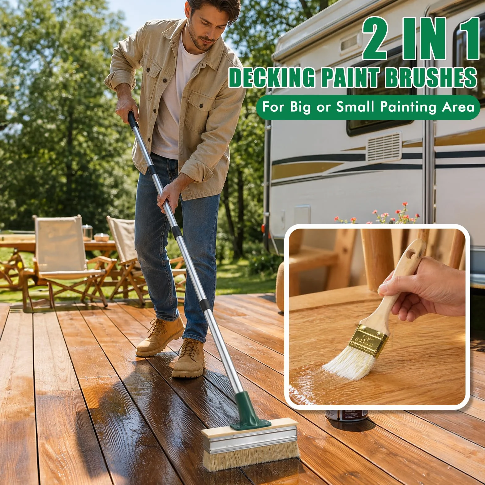 Pędzel płaski do powierzchni z długą rączką 153 cm, zestaw pędzli płaskich do tarasu, z 2 pędzlami o szerokości 18 cm i 1 małym pędzlem, szczotka sufitowa, szczotka tarasowa do podłóg drewnianych