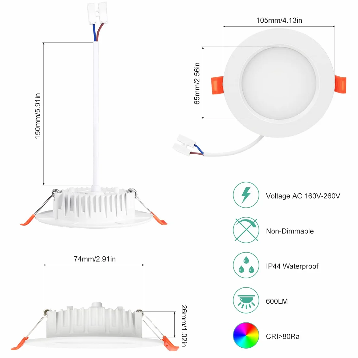 Reflektor do zabudowy LED 230 V ultra płaski 6 W IP44, zestaw 6 reflektorów LED do zabudowy ciepła biel 3000 K IP44, głębokość montażu 26 mm 600 lumenów, Ø 105 mm otwór do zabudowy 75-95 mm
