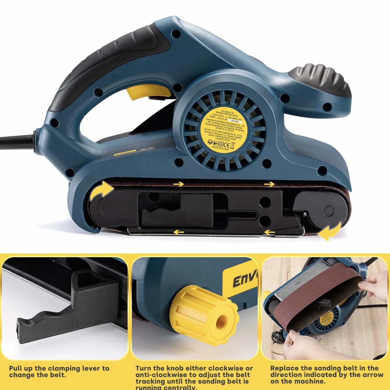 Enventor 950W with Belt Sander, 6 Speed Grades (120-380 Meters per Minute), 2-in-1 Grinding Machine with Dust Bag ＆ 12 Belt Sanders (P24, P80, P120, P180), 76 x 533 mm