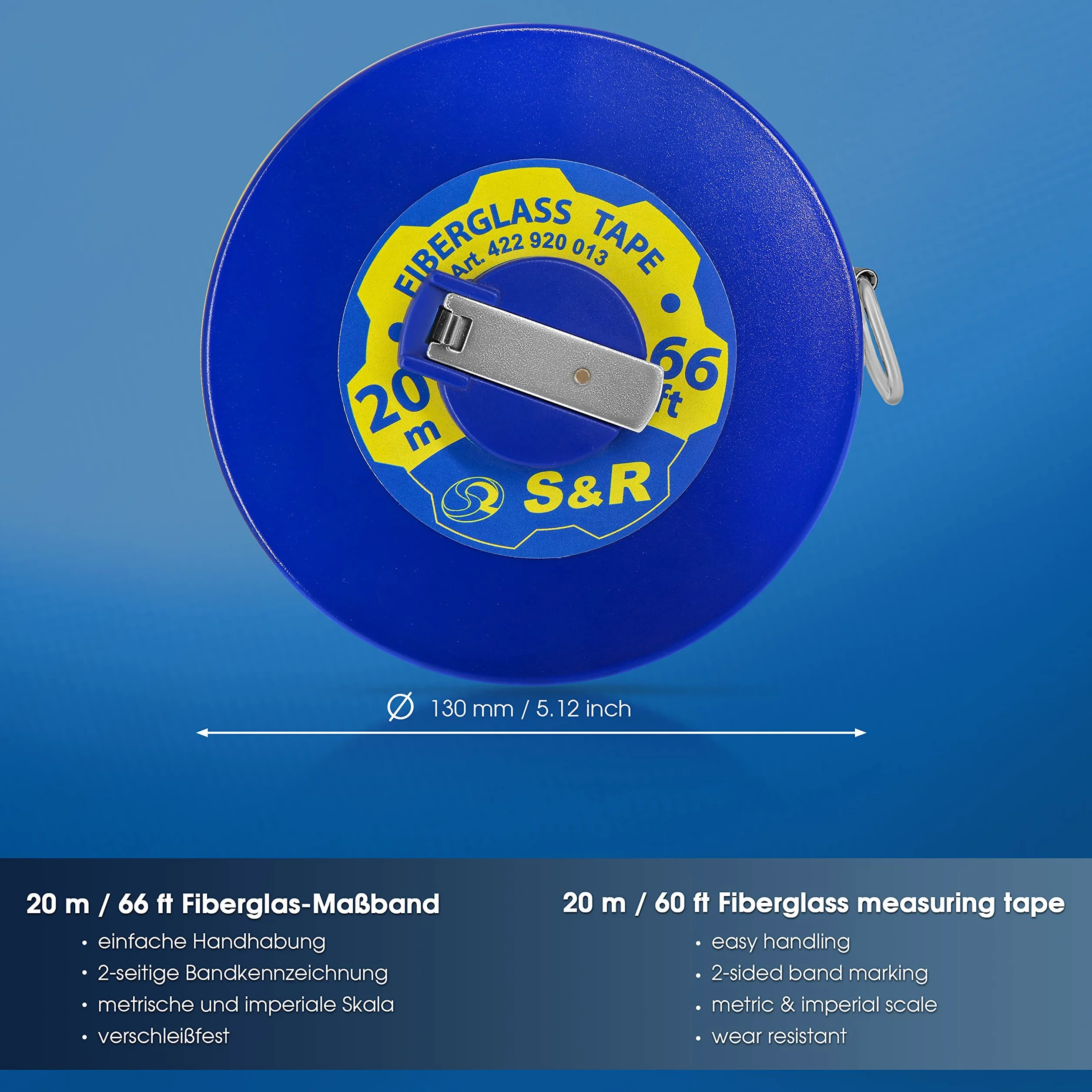 S&R Taśma miernicza z otwartym kołowrotkiem z włókna szklanego 20 m i metryczna, dwukrotnie oznaczona, szerokość 13 mm