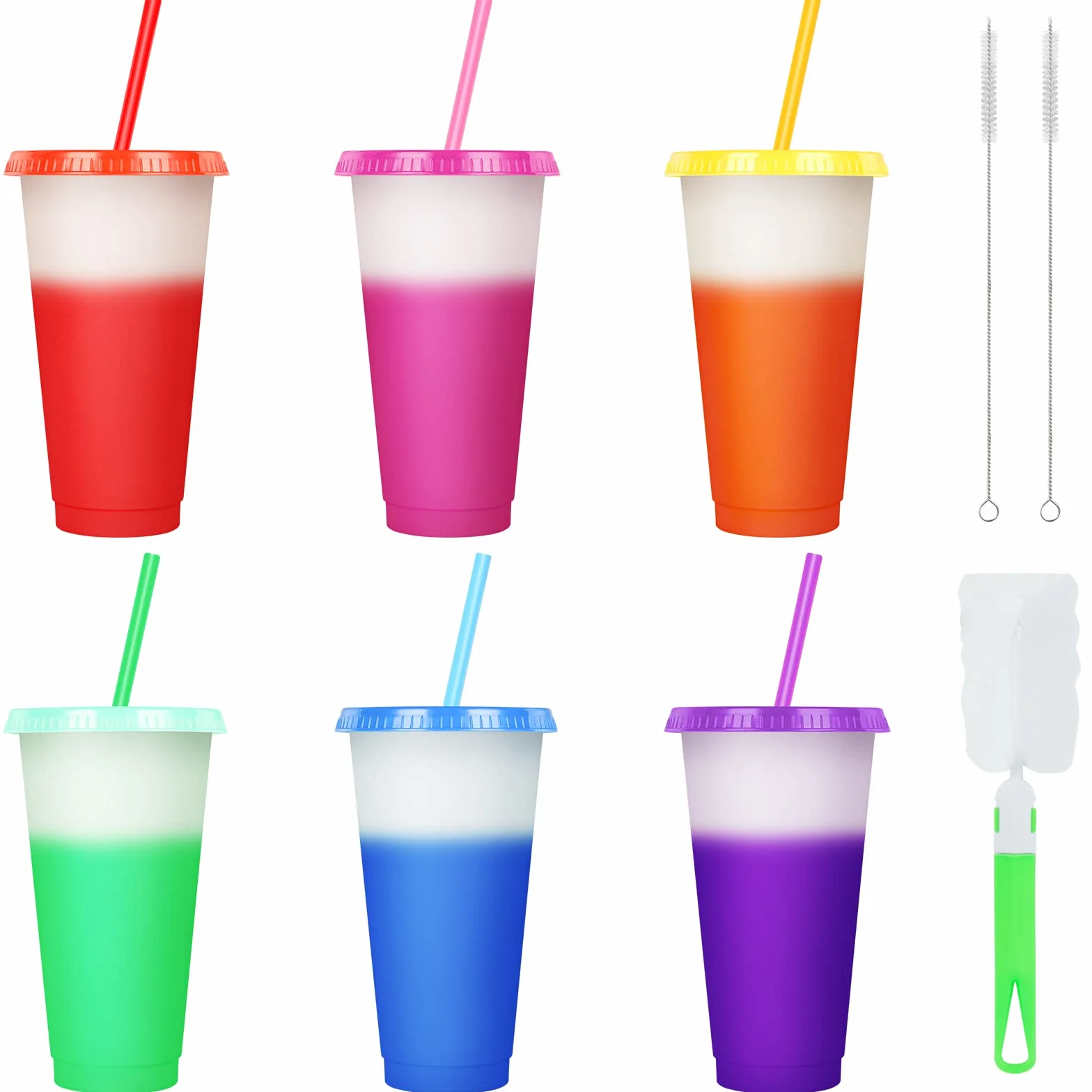 AUAUY Wielokrotnego użytku kubeczek zmieniający kolor, zestaw 6 sztuk, wolny od BPA, plastikowy kubek podróżny, 710 ml, kubeczek do lodów z pokrywką i słomką, butelka do koktajli mlecznych, magiczny